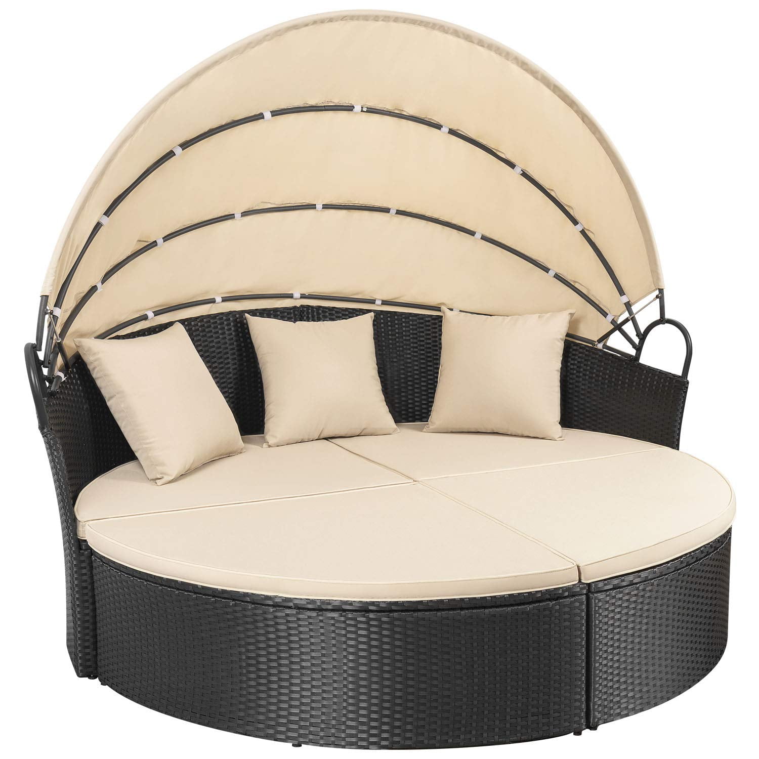 Lacoo Outdoor Patio Round Daybed with Retractable Canopy Wicker Furniture Sectional Seating with Washable Cushions for Patio Backyard Porch Pool Daybed Separated Seating (Beige) - Image 2
