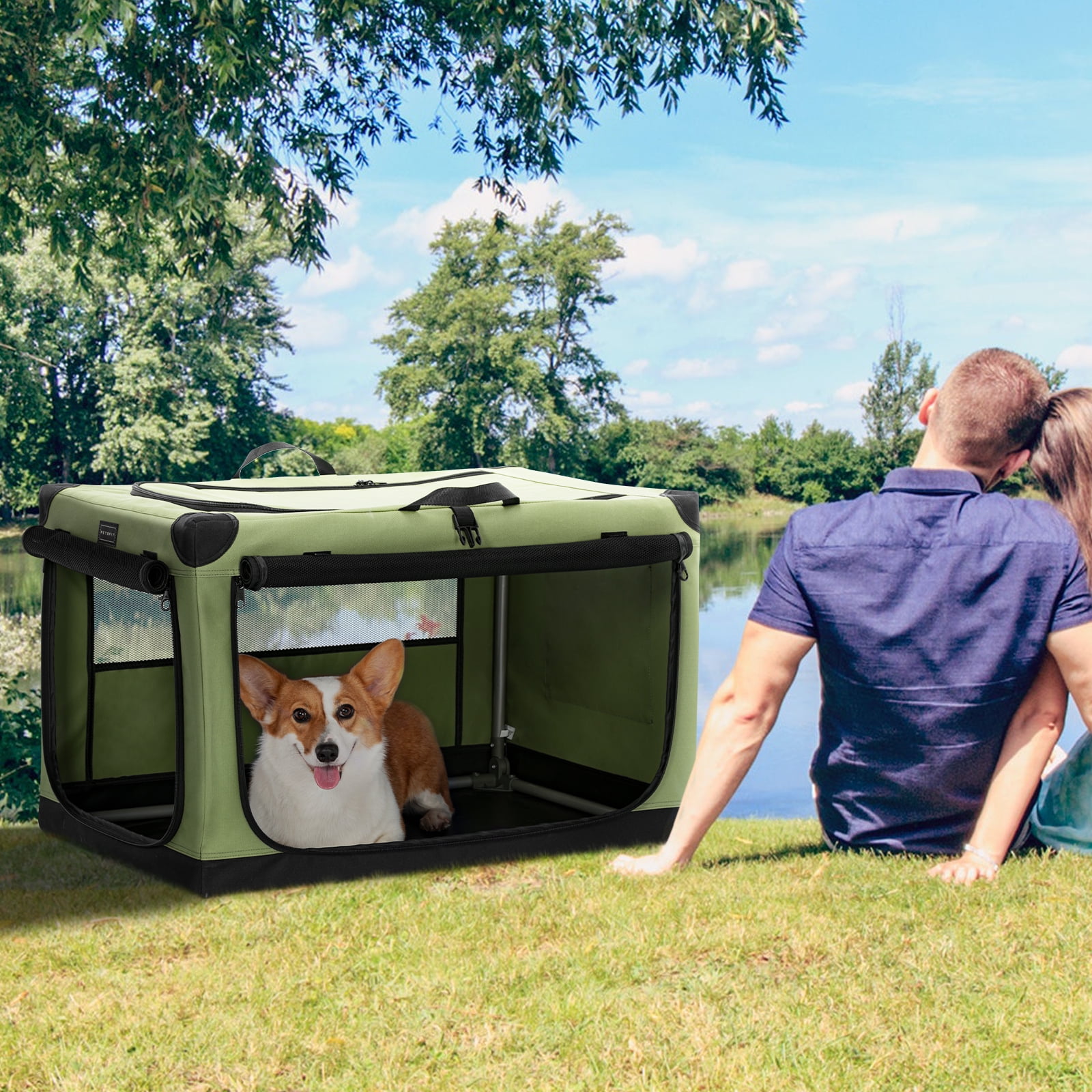 PETSFIT Soft Dog Crate- 30 Inch Lightweight, Easy Setup, Sturdy Soft Sided Dog Crate, Adjustable Framework with 3 Mesh Door, Dog Travel Crate Green - Image 4