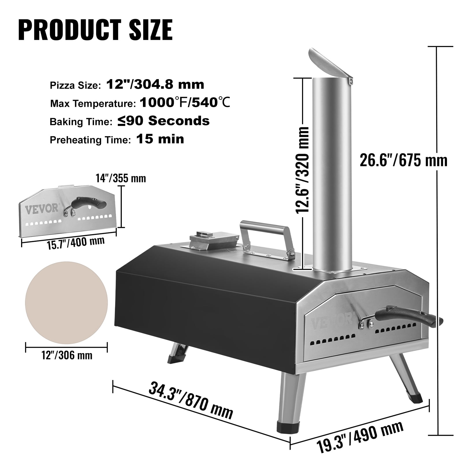VEVOR 12" Outdoor Pizza Oven Portable Gas/Wood Pellet Pizza Oven Bottom Rotation - Image 5