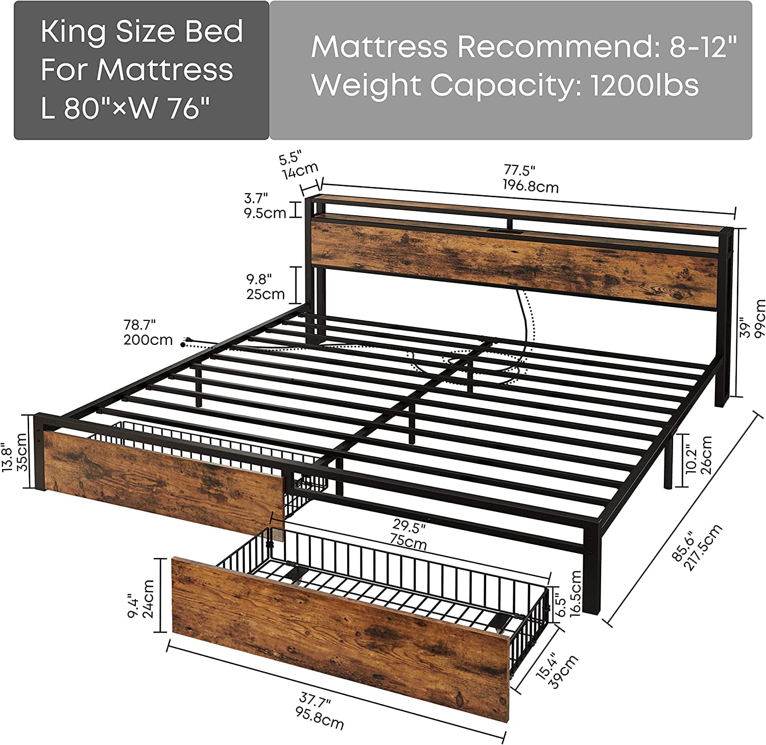 LIKIMIO Queen Bed Frame with Storage Headboard, Charging Station and 2 Under-bed Drawers, Vintage Brown - Image 4