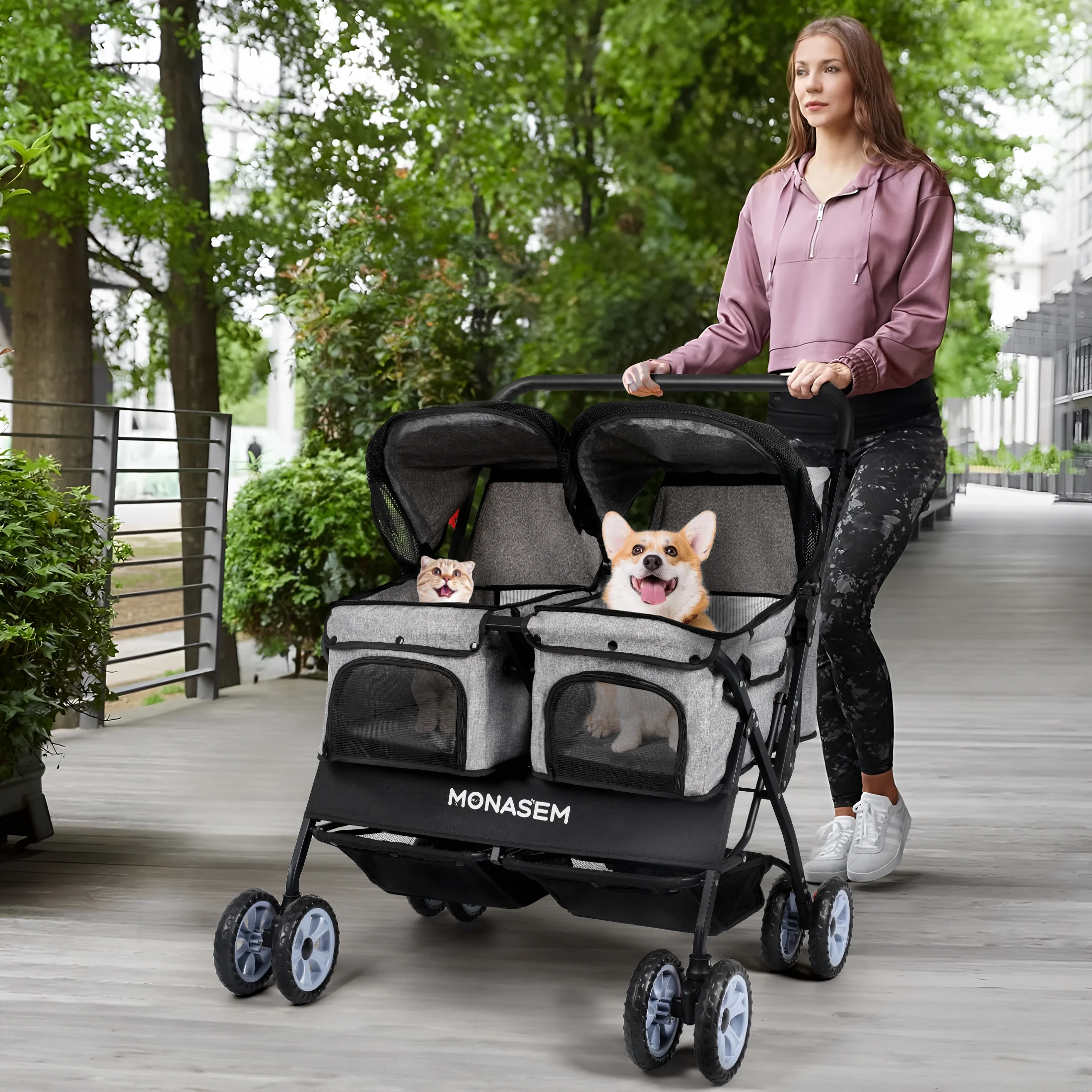 Monasem Double Pet Stroller for 2 Dogs Cats with Waterproof Detachable Cat Travel Carrier, 4 Wheels Foldable Dog Stroller for Pets up to 60lbs - Image 2