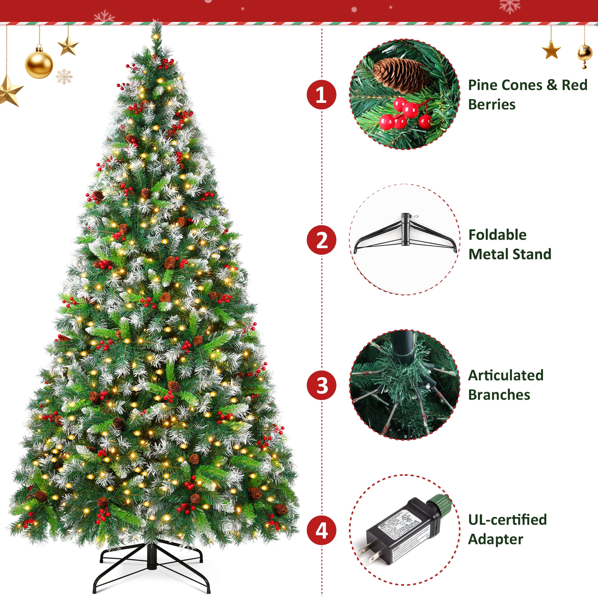 Firstness 6ft Pre-Lit Artificial Christmas Tree,Green Xmas Tree with 1000 Branch Tips 300 LED Lights,Pine Cones + Red Berries - Image 4