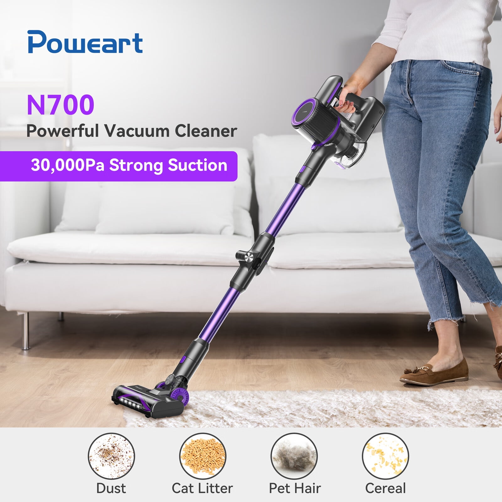 Poweart Cordless Vacuum, 30000PA Stick Vacuum Cleaner for Carpet Pet Hair Wood Floor Home - Image 8