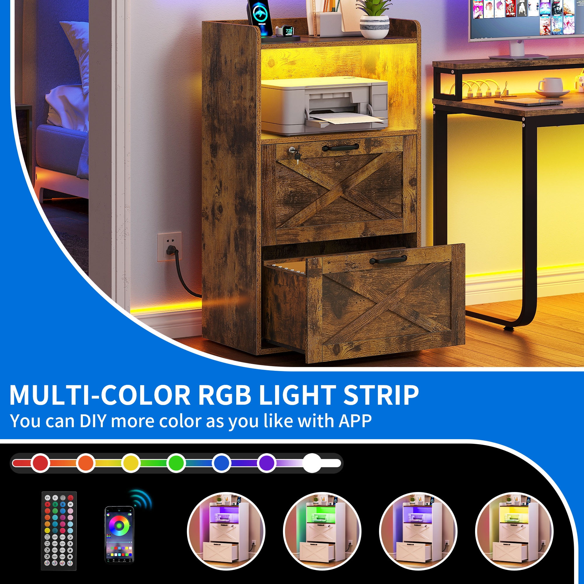 Uforic 2 Drawer File Cabinet with LED Light & Lock, Wood Filing Cabinet Charging Station Printer Stand with Open Shelf for A4, Letter, Legal Size Files for Home Office, Brown - Image 10