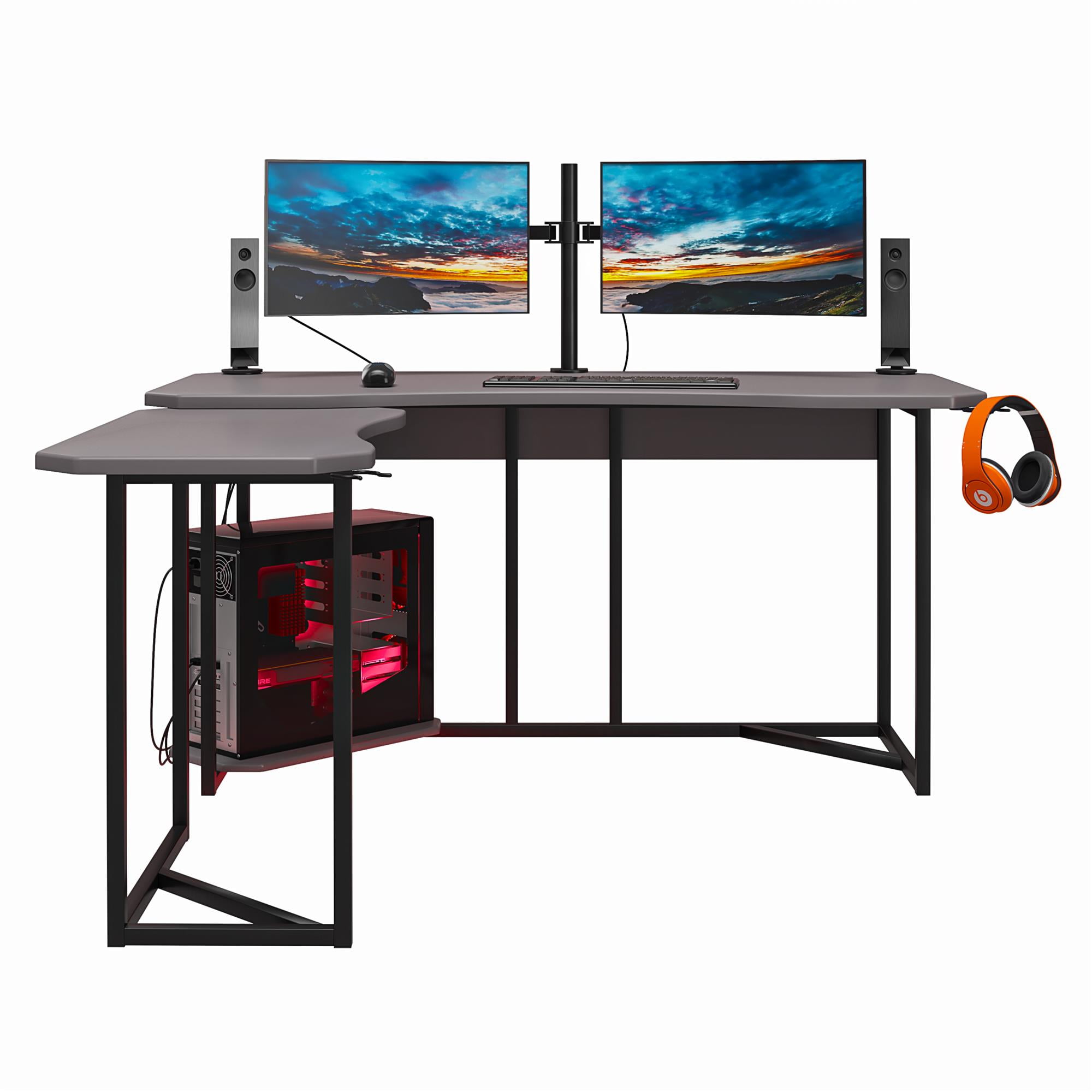 NTense Network Gaming L Desk with CPU Stand, Gray - Image 4
