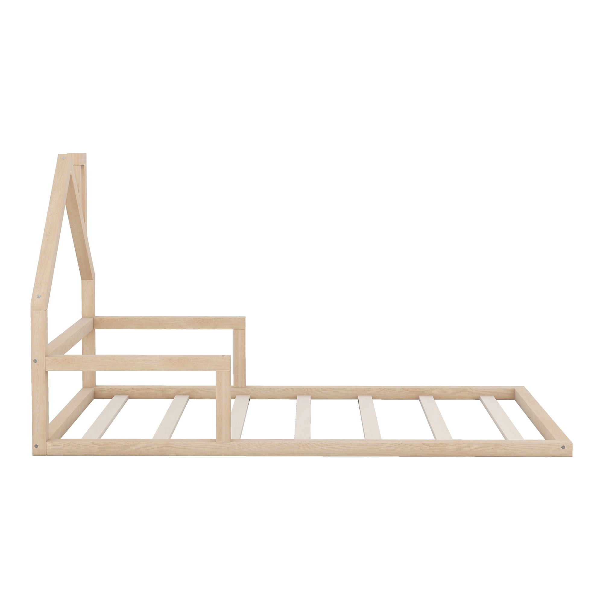 Euroco Twin Size Wood Floor Bed for Kids Room, Toddler House Bed, Natural - Image 3