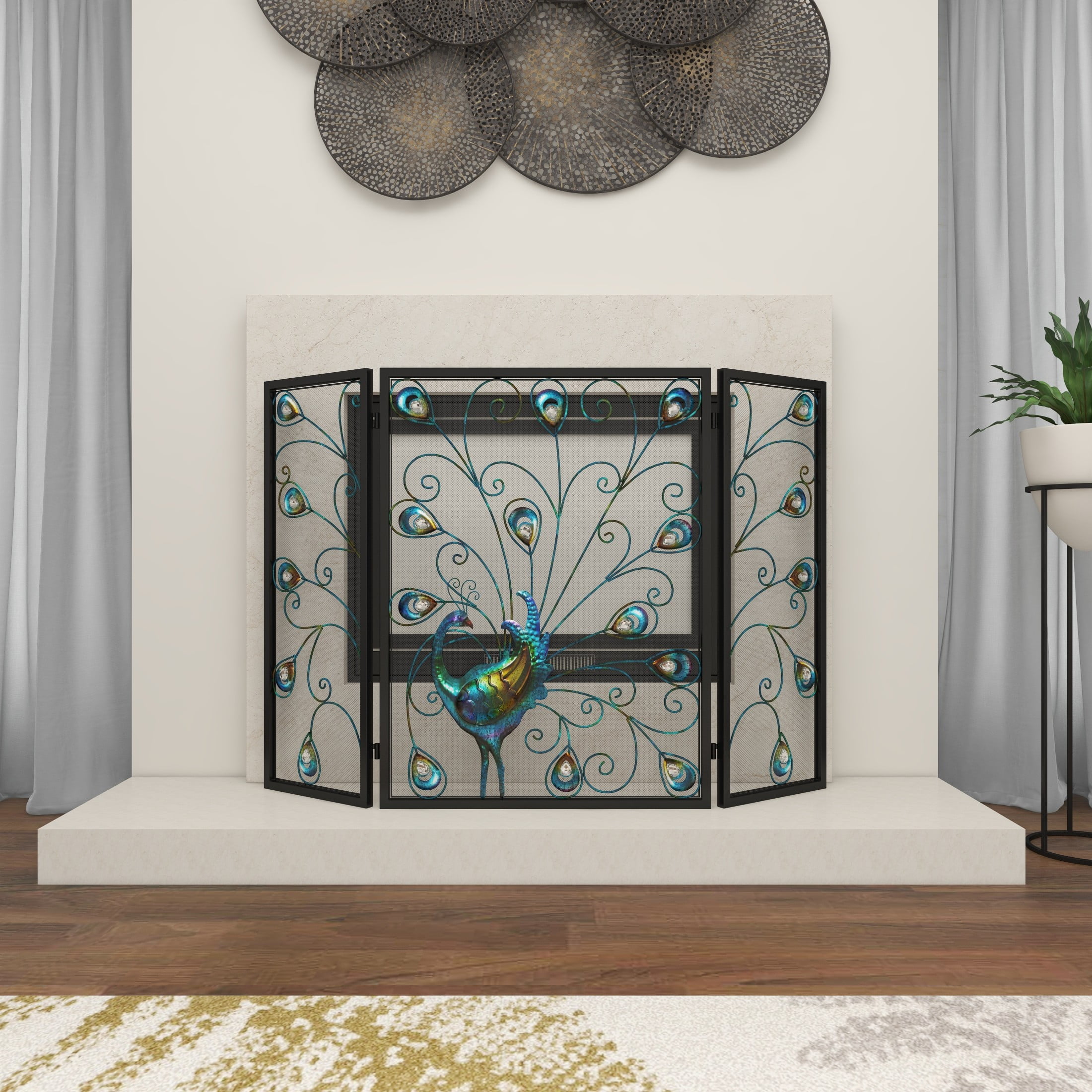 DecMode Black Eclectic Metal Fireplace Screen with Colorful Peacock Detail and Iron Frame, 48"W x 32"H - Image 9