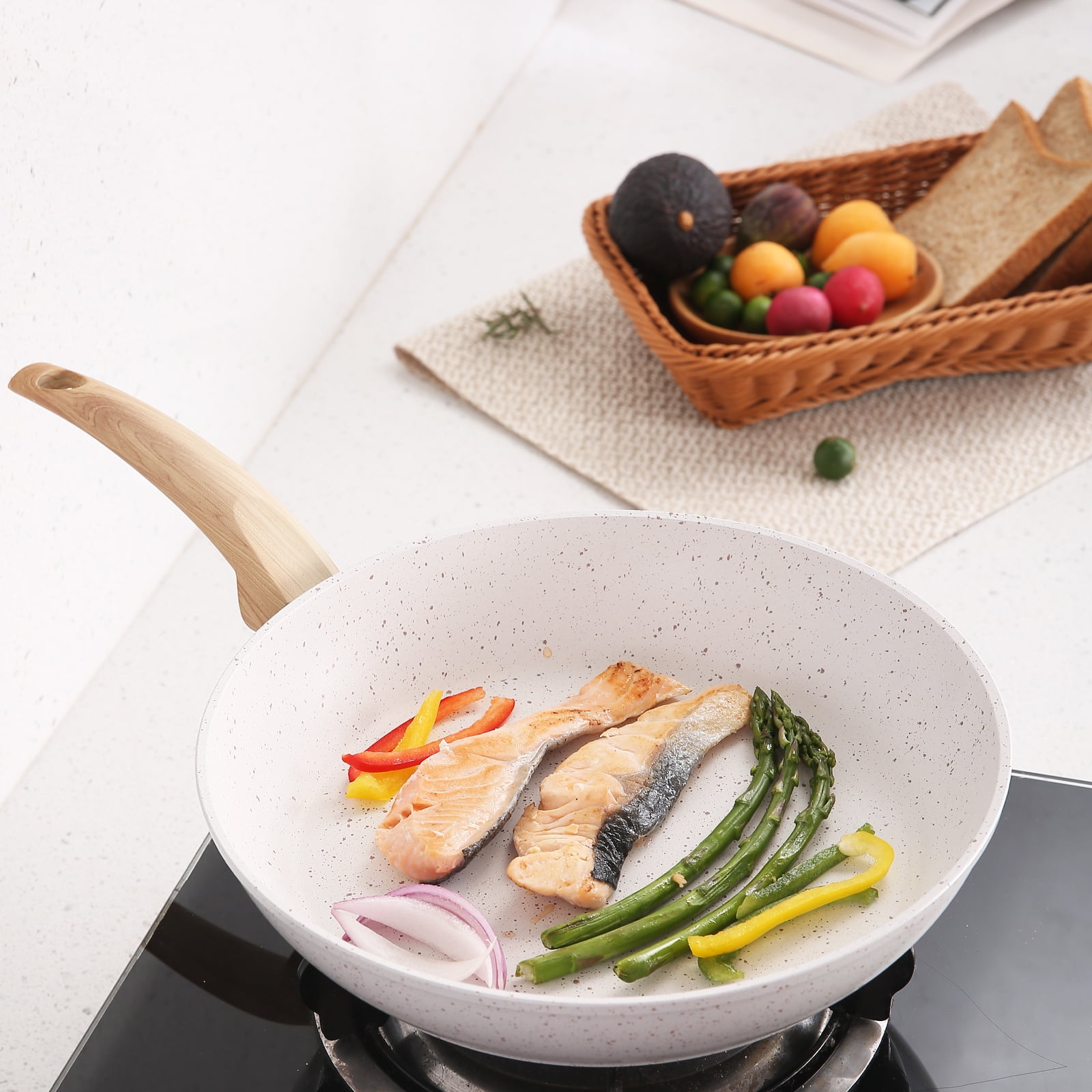 Vkoocy 6pcs Nonstick Ceramic Cookware Set, Non Stick Pots and Pans Set White Granite pattern - Image 7