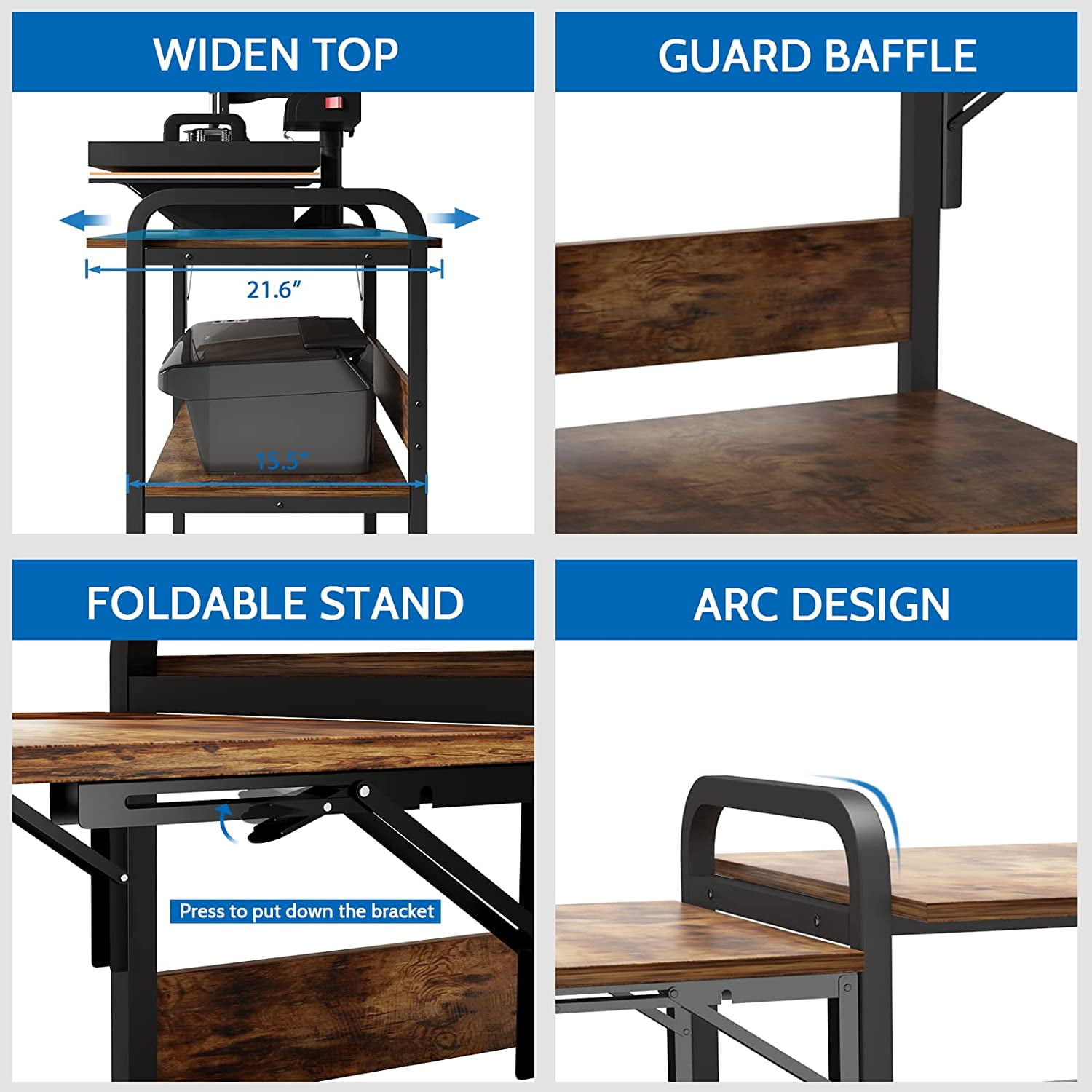 Natwind 3 Tier Movable Heat Press Table Foldable Heat Transfer Machine Stand Heavy Duty Rolling Workbench with Folding Table for DIY Sublimation Transfer Machine Metal Shelf Storage Organization - Image 3