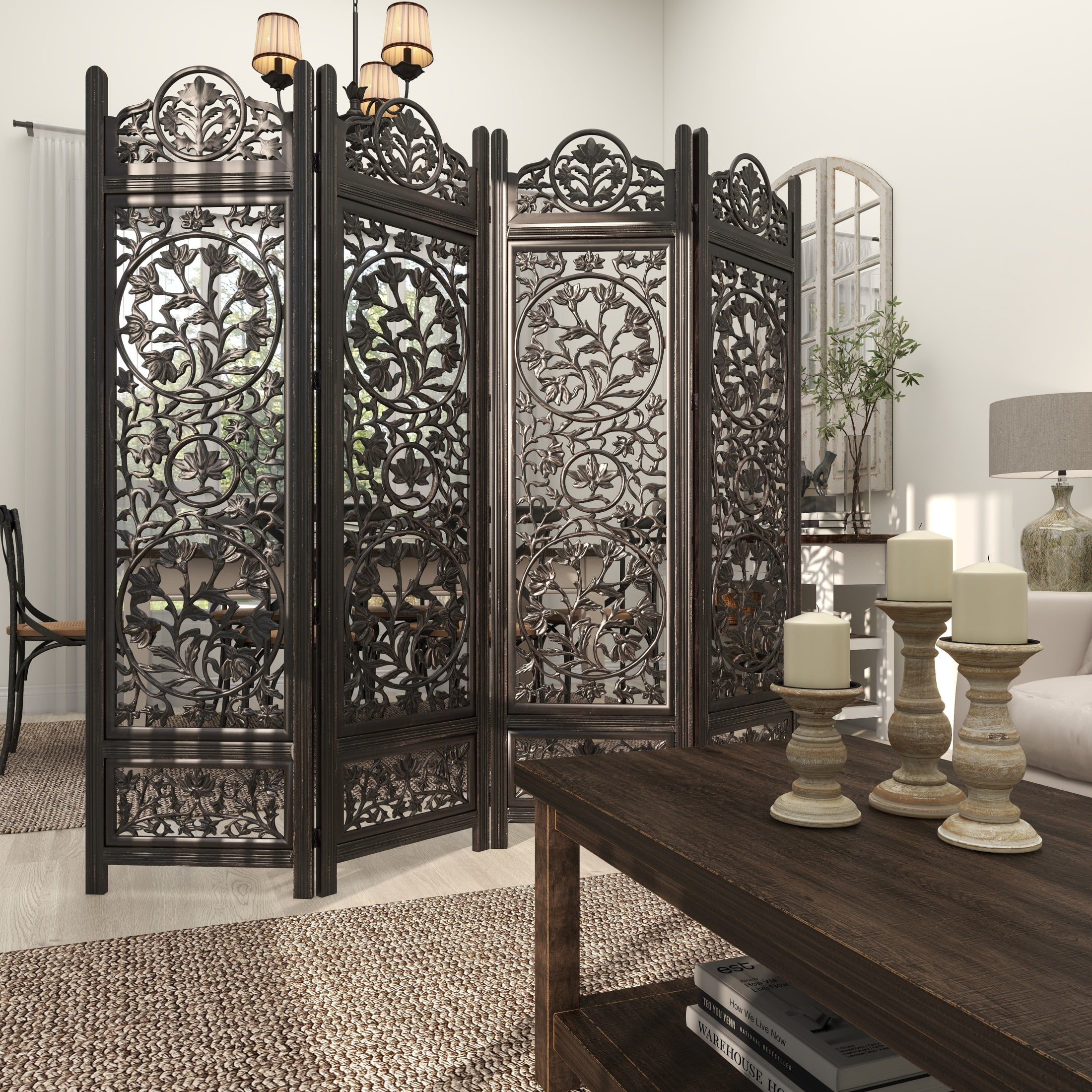 DecMode 80" x 72" Black Wood Floral Handmade Foldable Partition Carved 4 Panel Room Divider Screen, 1-Piece - Image 5