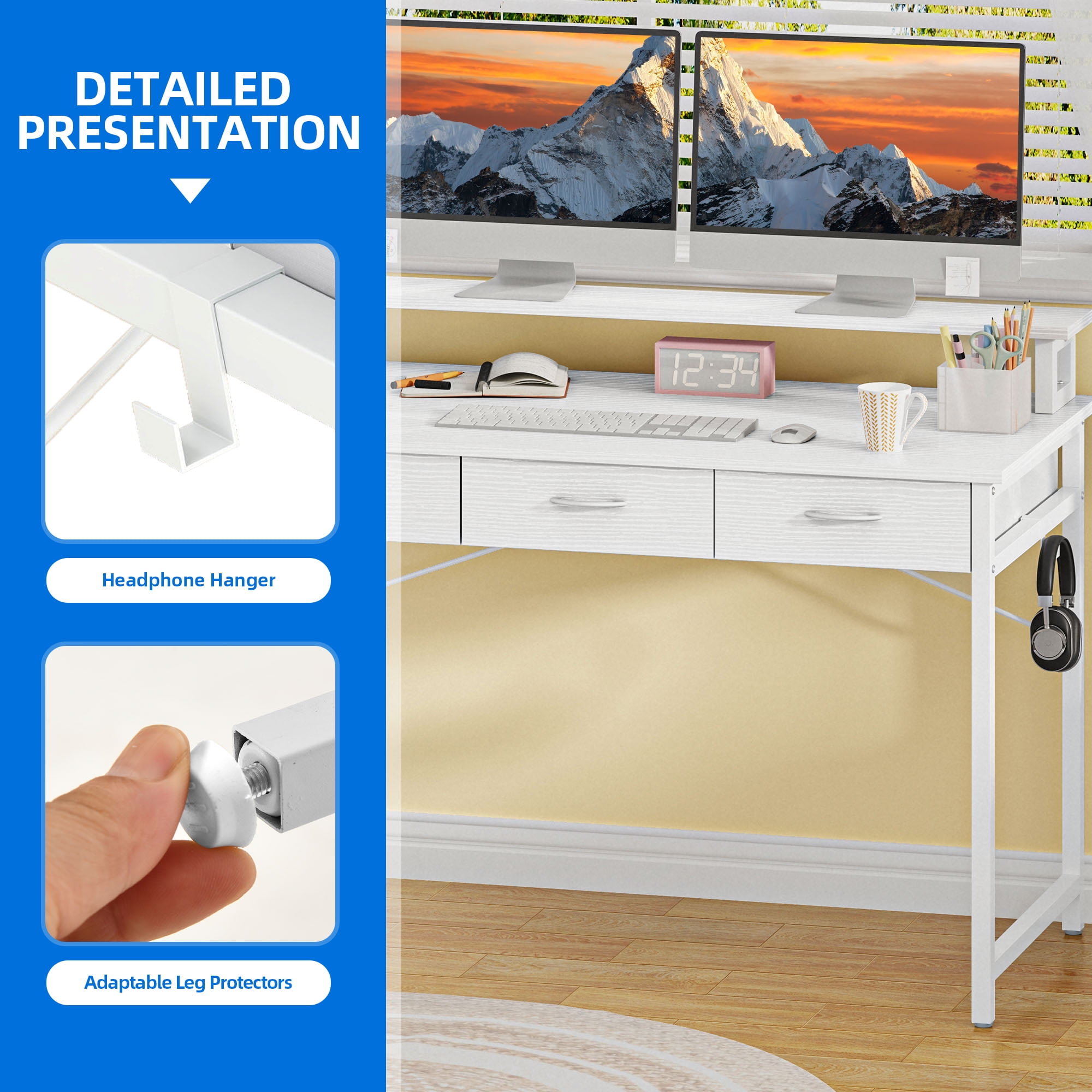 Uforic 40" Computer Desk with Monitor Stand & 3 Drawers, Modern Small Study Desk with Hooks , Home Office Desk Writing Desk for Small Space,Living Bedroom, Gaming, White - Image 6