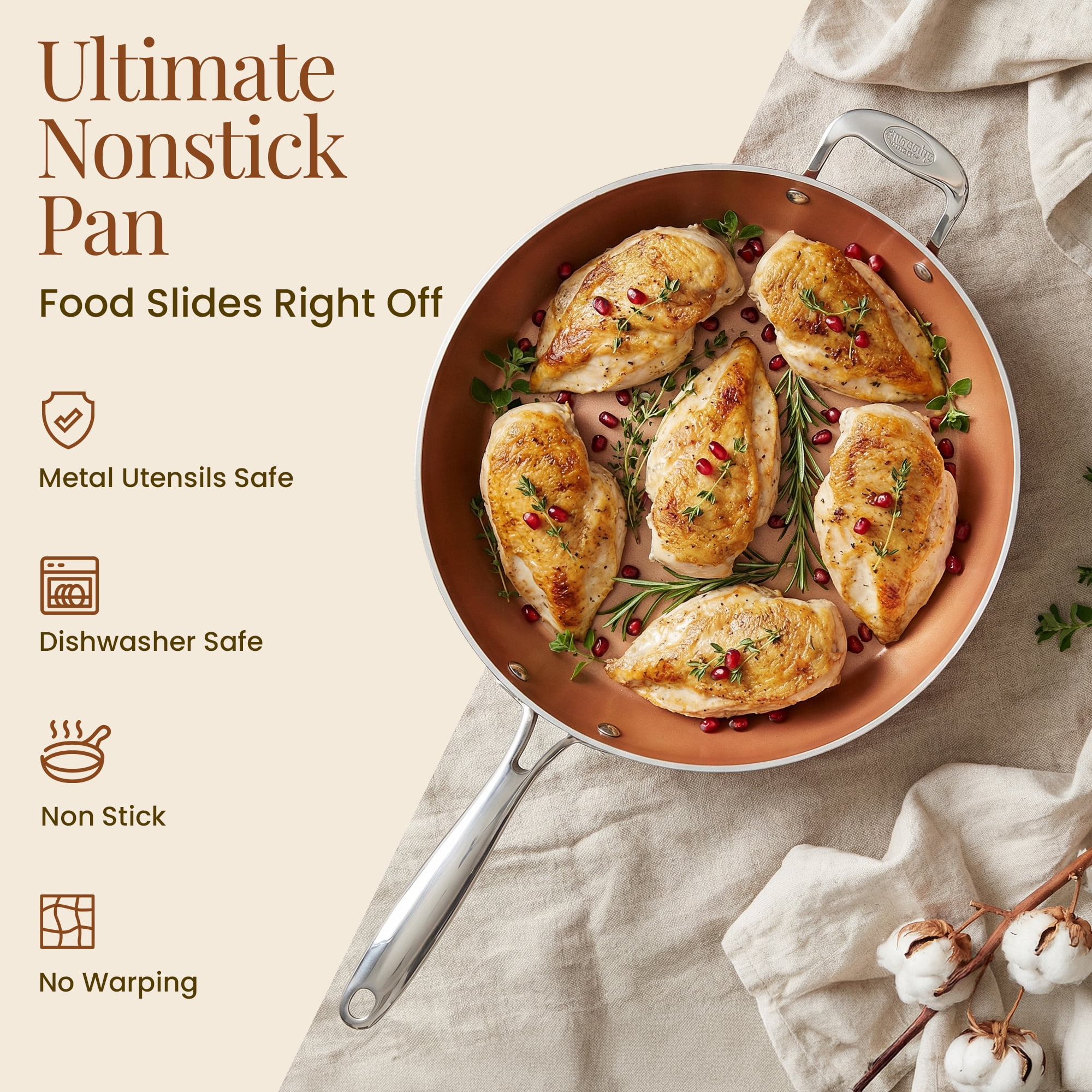 Gotham Steel 14 Inch Non Stick Frying Pans with Lid, Large Frying Pans Nonstick with Lid, Non Toxic Ceramic Pan Skillet, Nonstick Frying Pan, Induction Pan, Oven/Dishwasher Safe – Copper Hammered - Image 2