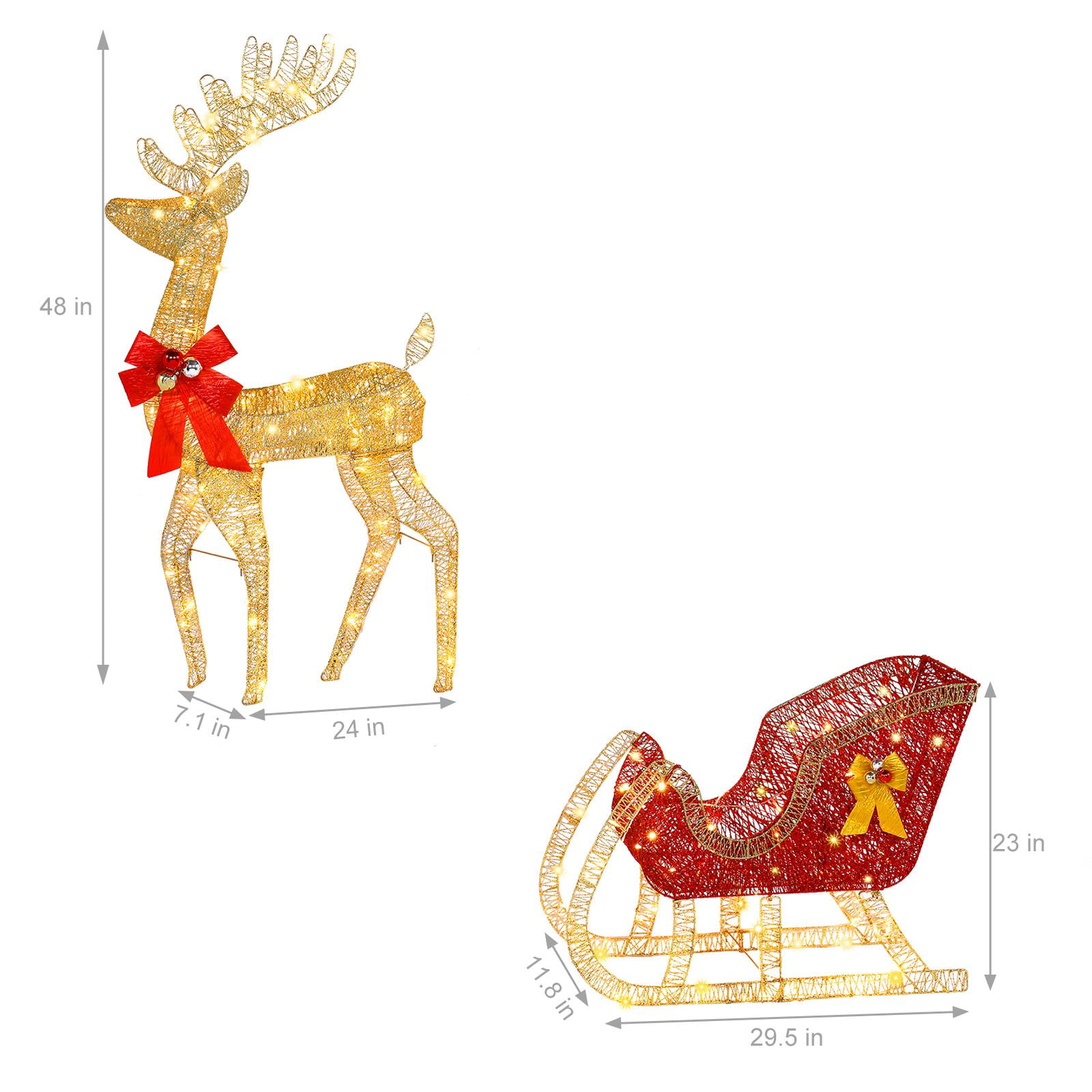 Zimtown Christmas Reindeer Set Outdoor Yard Decoration 4ft Reindeer & Sleigh LED Lights - Golden - Image 2