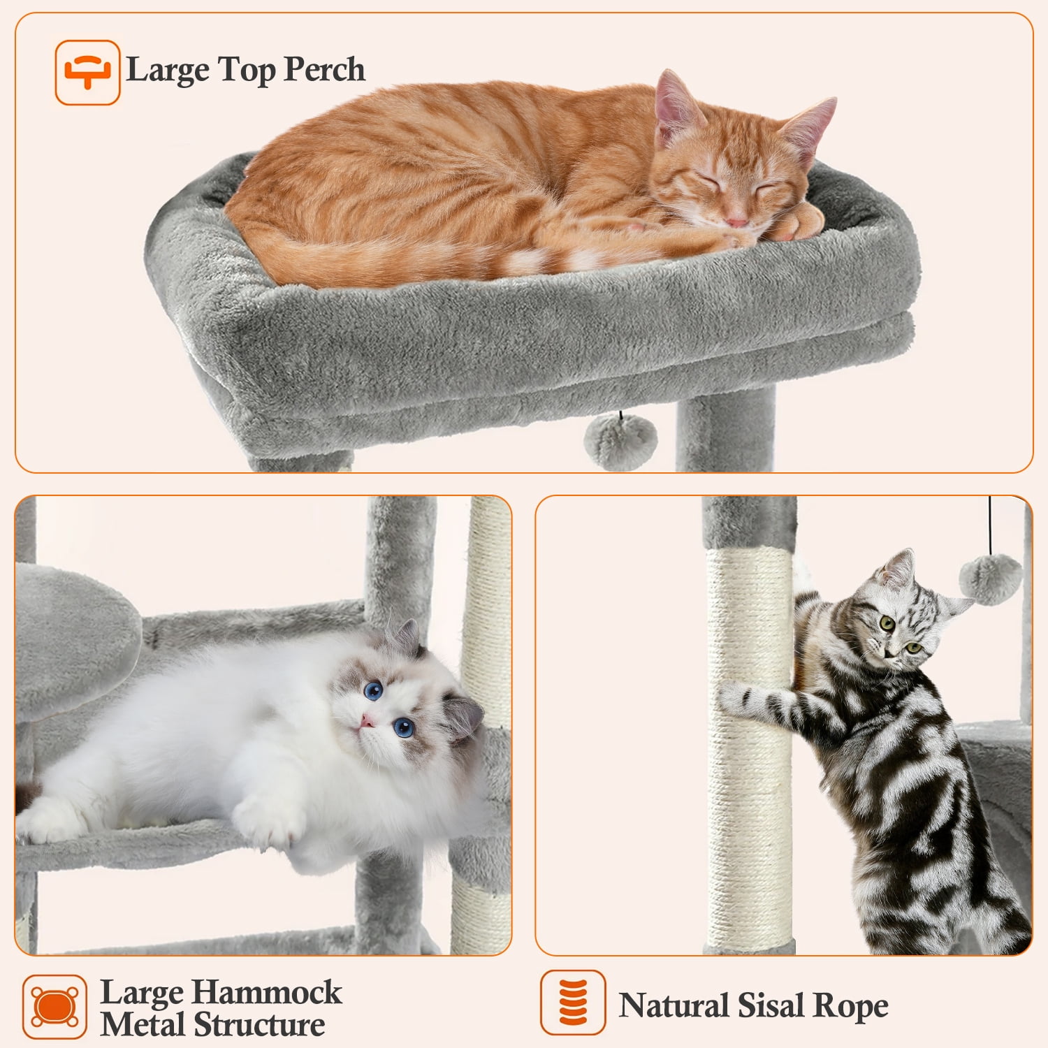 Cat Tree for Large Cats, Multi-Level Cat Tower with Sisal Covered Scratching Posts, Spacious Condo, Cozy Hammock and Plush Top Perch - Image 8