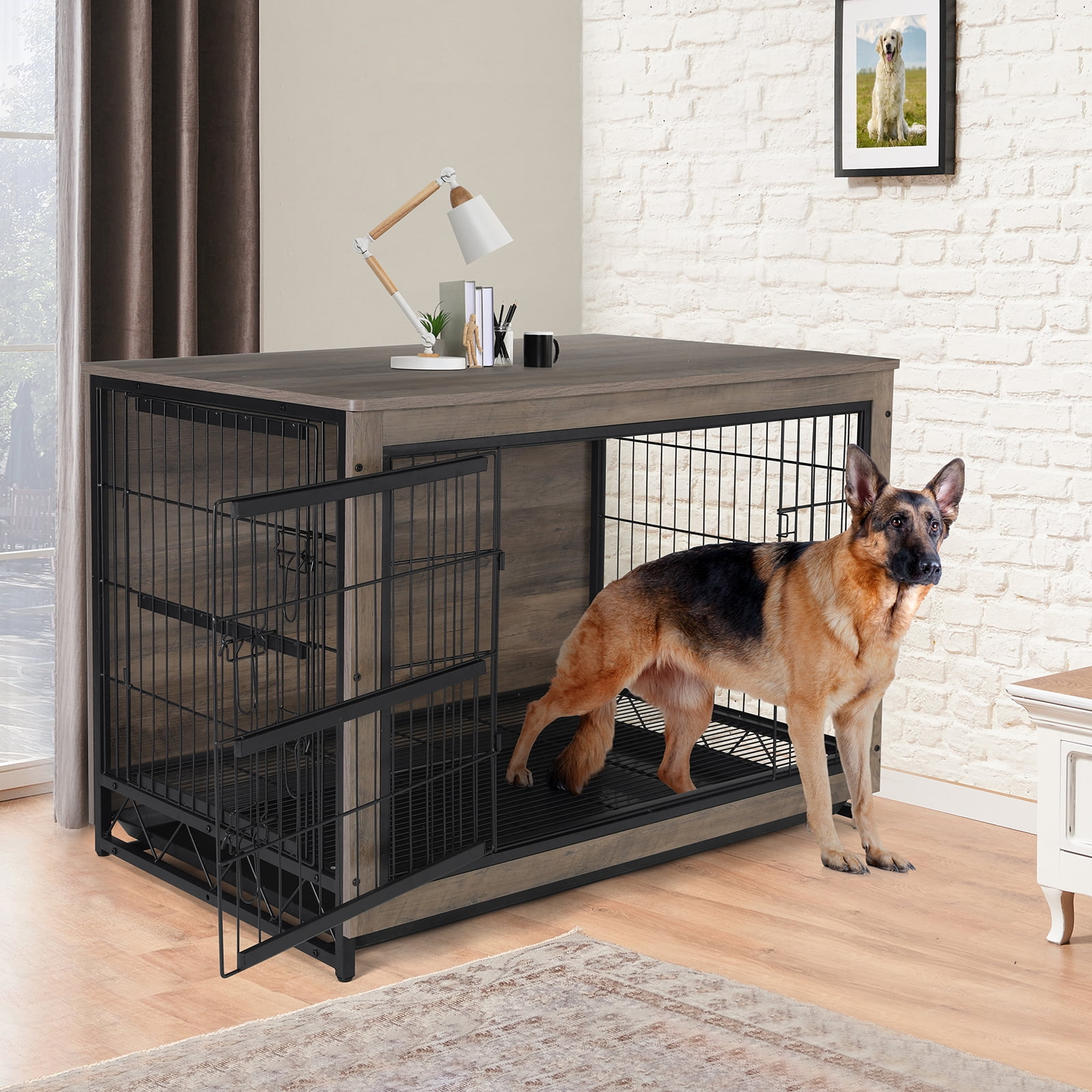 Arlopu 44.1'' Large Dog Crate Furniture, Wooden Dog Cage End Table Indoor Dog Kennel with Double Doors & Pull-Out Tray for Small, Medium, Large Dogs Under 80 lb - Image 9