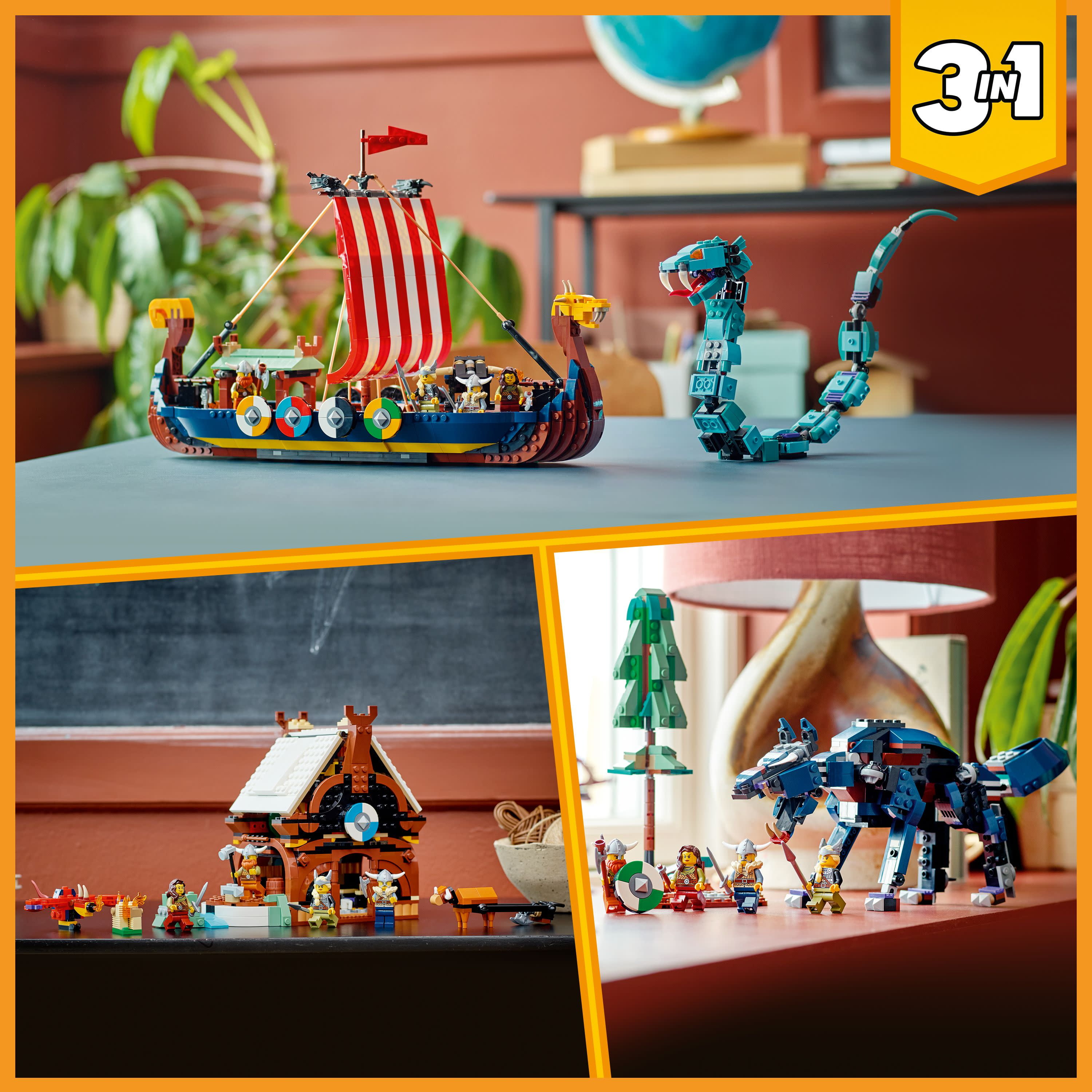 LEGO Creator 3 in 1 Viking Ship and the Midgard Serpent, Transforms from Amazing Ship to Viking House or Fenris Wolf Figure, Gifts for Kids, Boys, and Girls, 31132 - Image 4