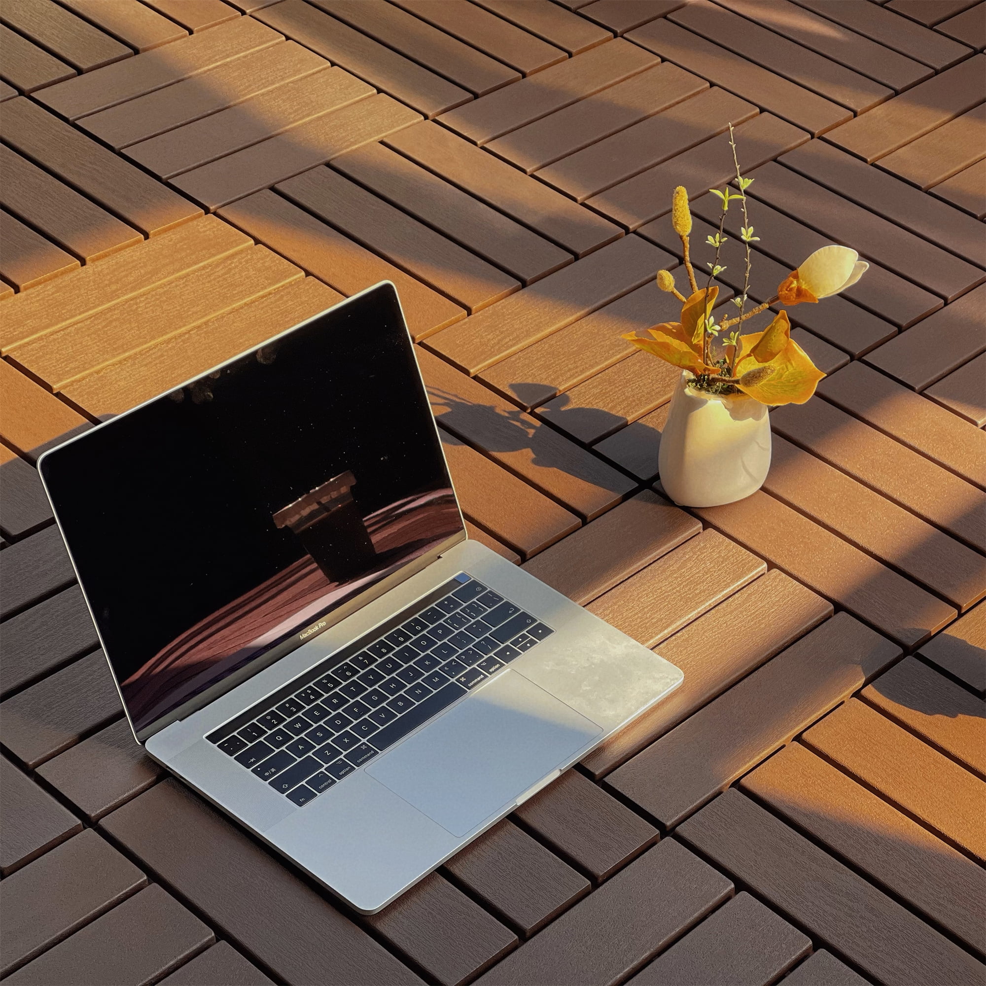 Miniyam 44-Pack Square 11.8"x11.8" Waterproof Deck Tiles, All-Weather, for Porch, Poolside, Brown(Straight line) - Image 2