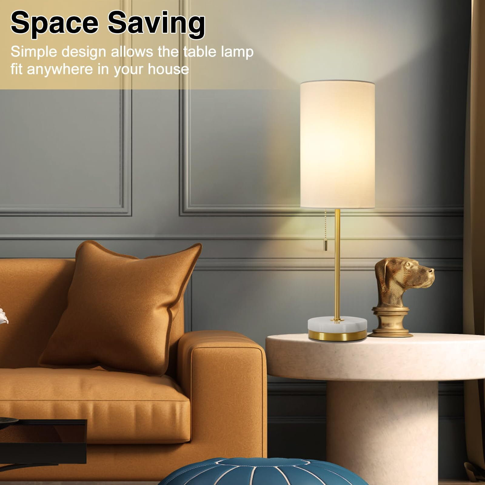 NATYSWAN Minimalist Table Lamp Set of 2, Nightstand Lamp for Bedroom Living Room, Modern Pull Chain Bedside Lamp with Marble Base, Fabric Shade, Small Desk Lamp for Home, Office, Reading - Image 2