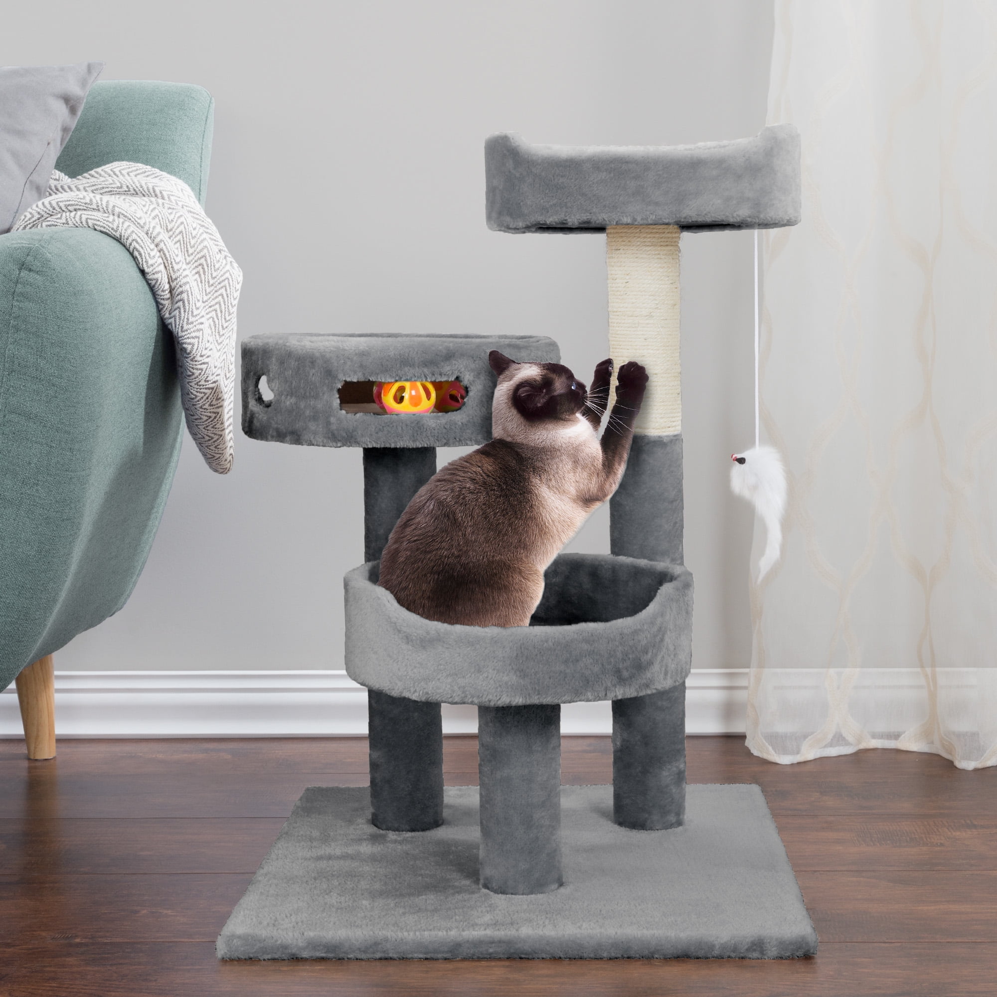 PETMAKER Tall Cat Tree Condo with Perches, Scratch Post, and Wheel Toy - Image 4