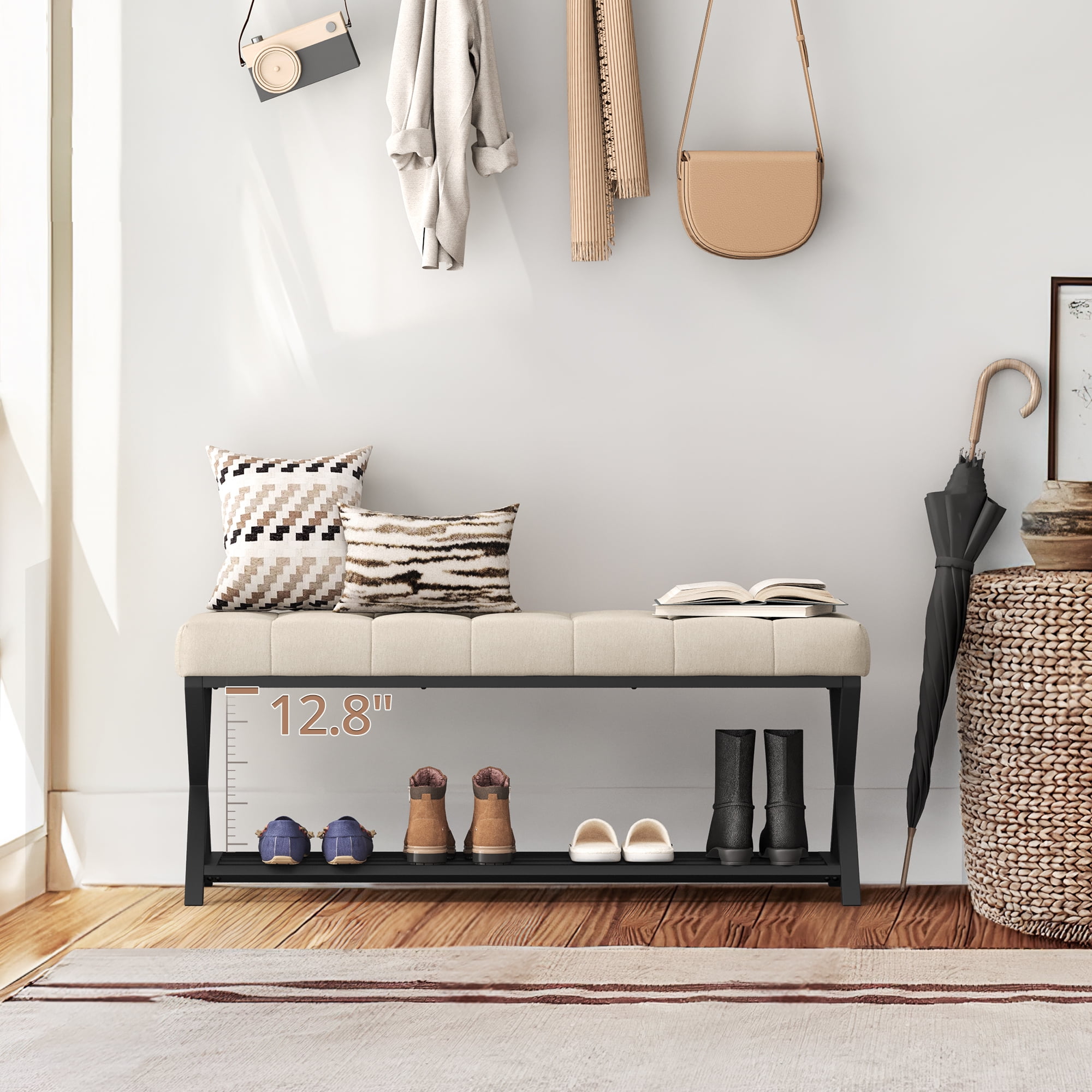 Dycanpo 44.5" End of Bed Bench,Tufted Upholstered Bench with Shoe Shelf, Linen Color - Image 4