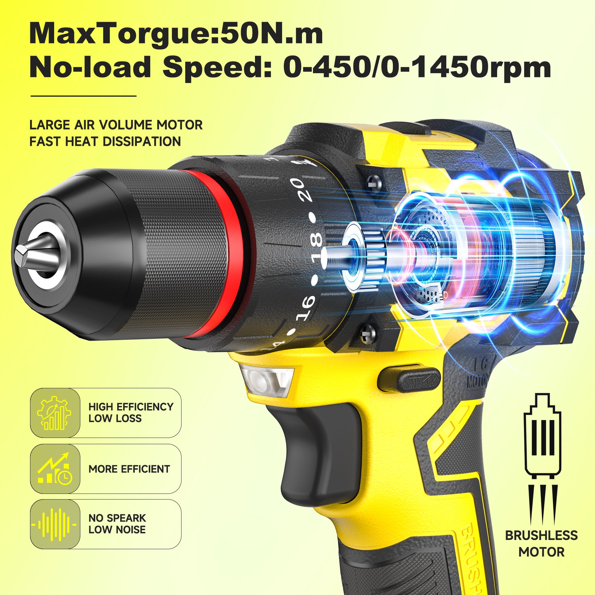 RUBIK Brushless 21V Cordless Drill Driver Kit - Max 50Nm Impact Drill, 2x 2000mAh Batteries, 3/8” Keyless Chuck & LED Light, 450 In-lb Torque, 20+3 Clutch, 2-Variable Speed and Fast charge - Image 2