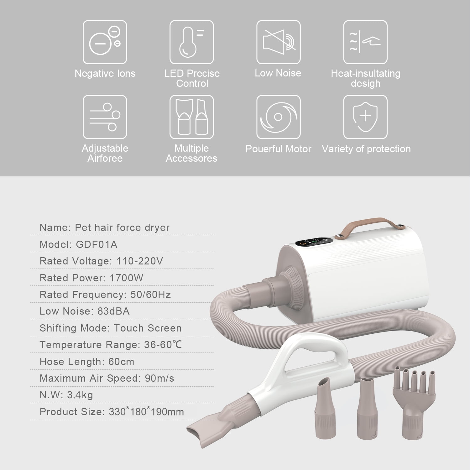 Dog Hair Dryer Blower for Grooming - Professional High Velocity 4.5HP Blow Dryer for Dogs - Pet Dryer Adjustable Heat Low Noise Quiet Air Flow - Image 4