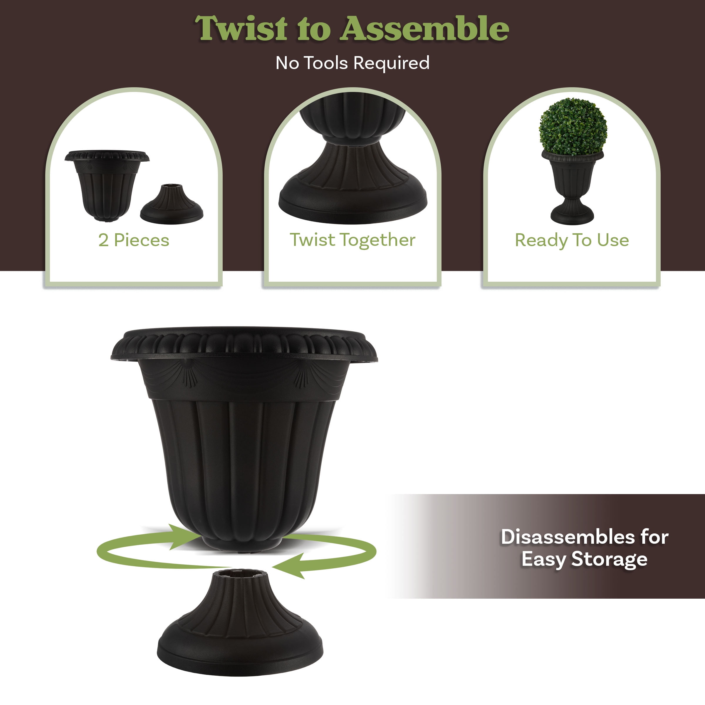 Pure Garden Large and Small Outdoor Urn Planter 2-Pack, Black - Image 4