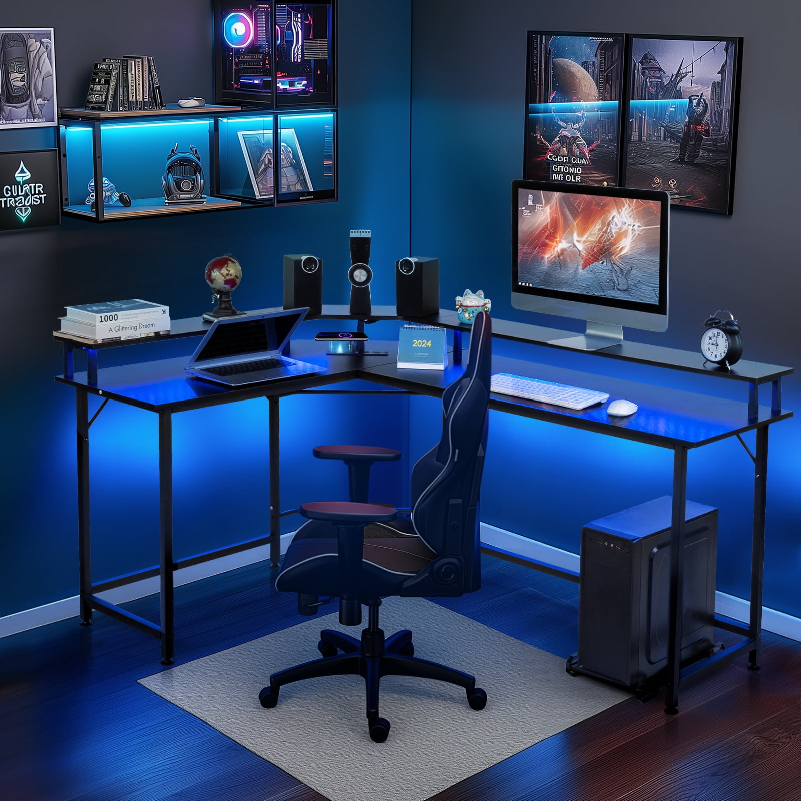 Ktaxon L-Shaped Gaming Desk with USB Wireless Charging, 55" Computer Desk with Monitor Stand, Corner Writing Desk with LED Light, Black - Image 2
