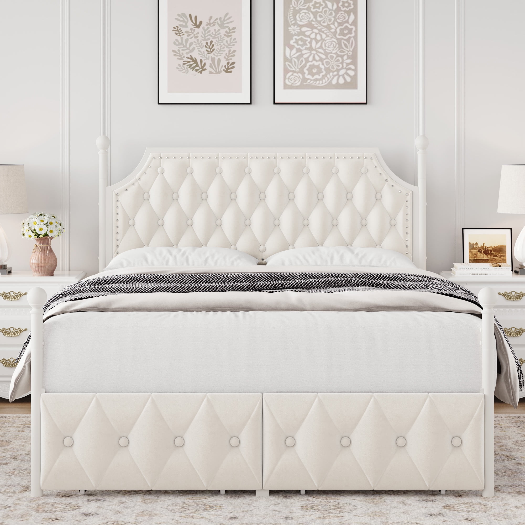 Homfa Queen Size Canopy Bed Frame, 2 Storage Drawers Metal Platform Bed with Button Tufted Upholstered Headboard, Canopy Bed Curtain Not Included, Beige - Image 6