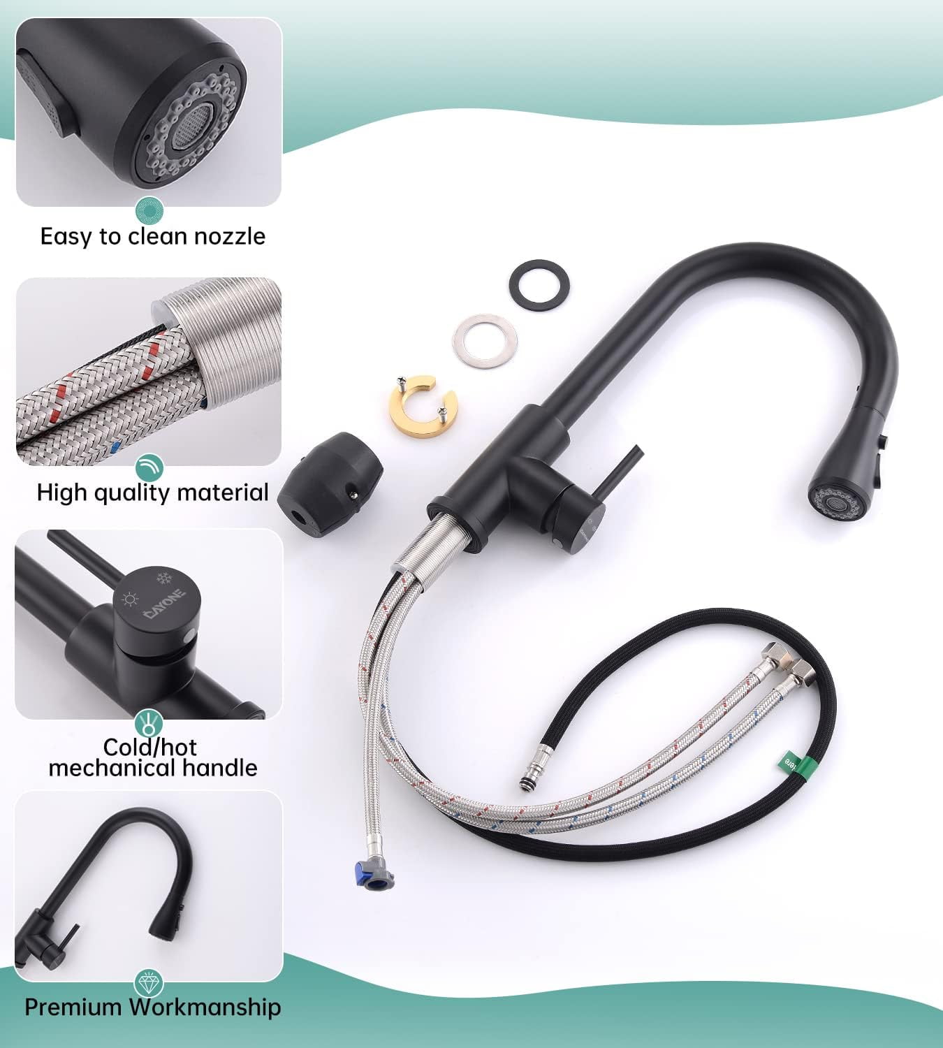 Dayone Matte Black Kitchen Faucet with Pull Down Sprayer, Single Handle High Arc Tap, 360° Swivel Aerator - Image 5