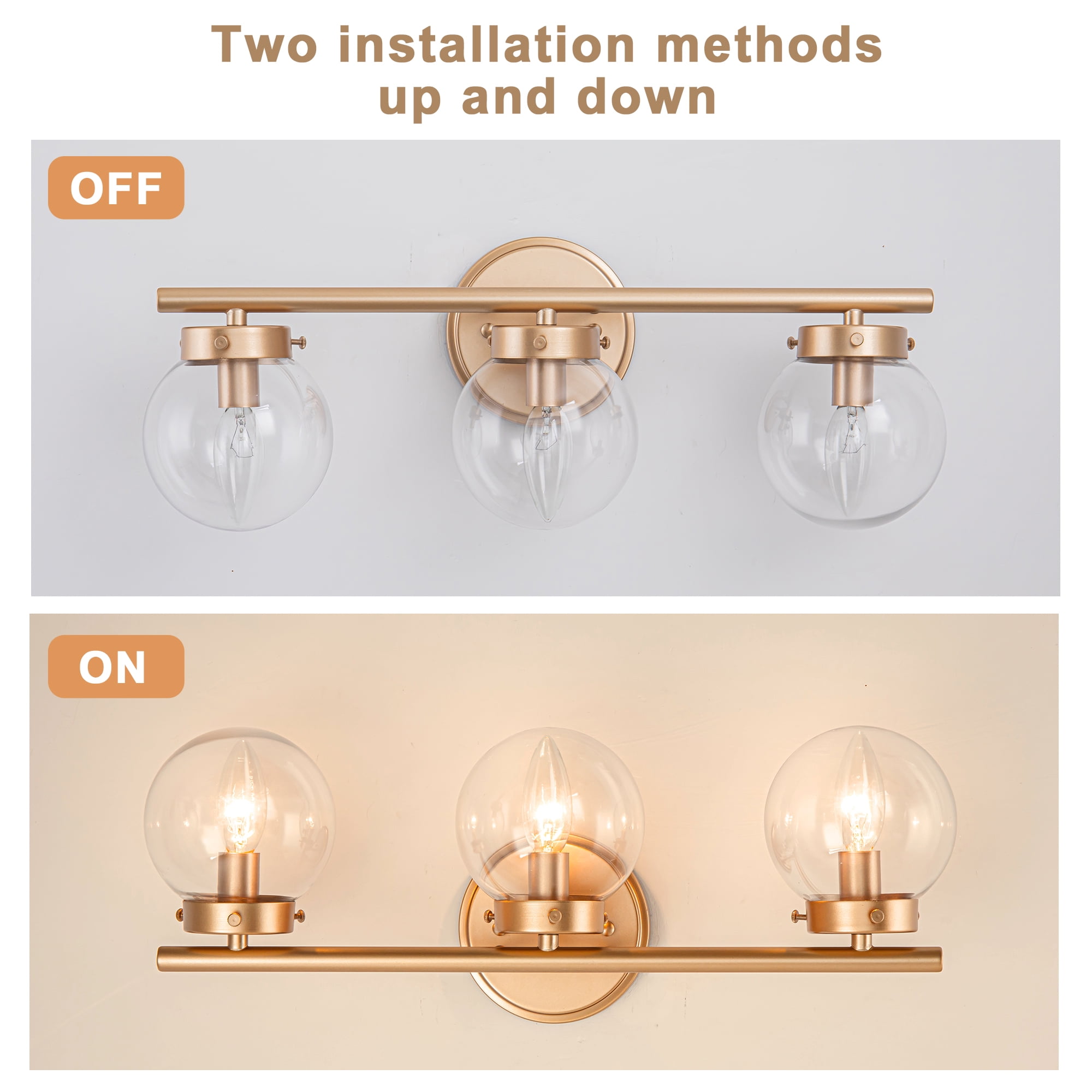 Uznhty 3 Light Gold Vanity Light with Globe Glass Modern Bathroom Wall Sconces E12 Bulb - Image 4