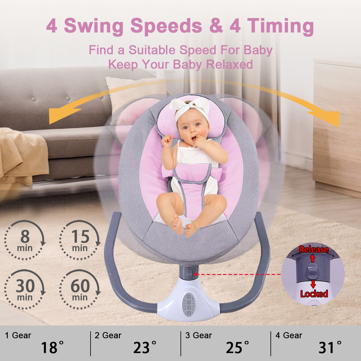 Hurber Electric Baby Swing, Infant Bouncer Chair with Remote Control, Bluetooth Music, 12 Lullabies, 4 Speeds, 4 Timing Set, Unisex, Pink - Image 3