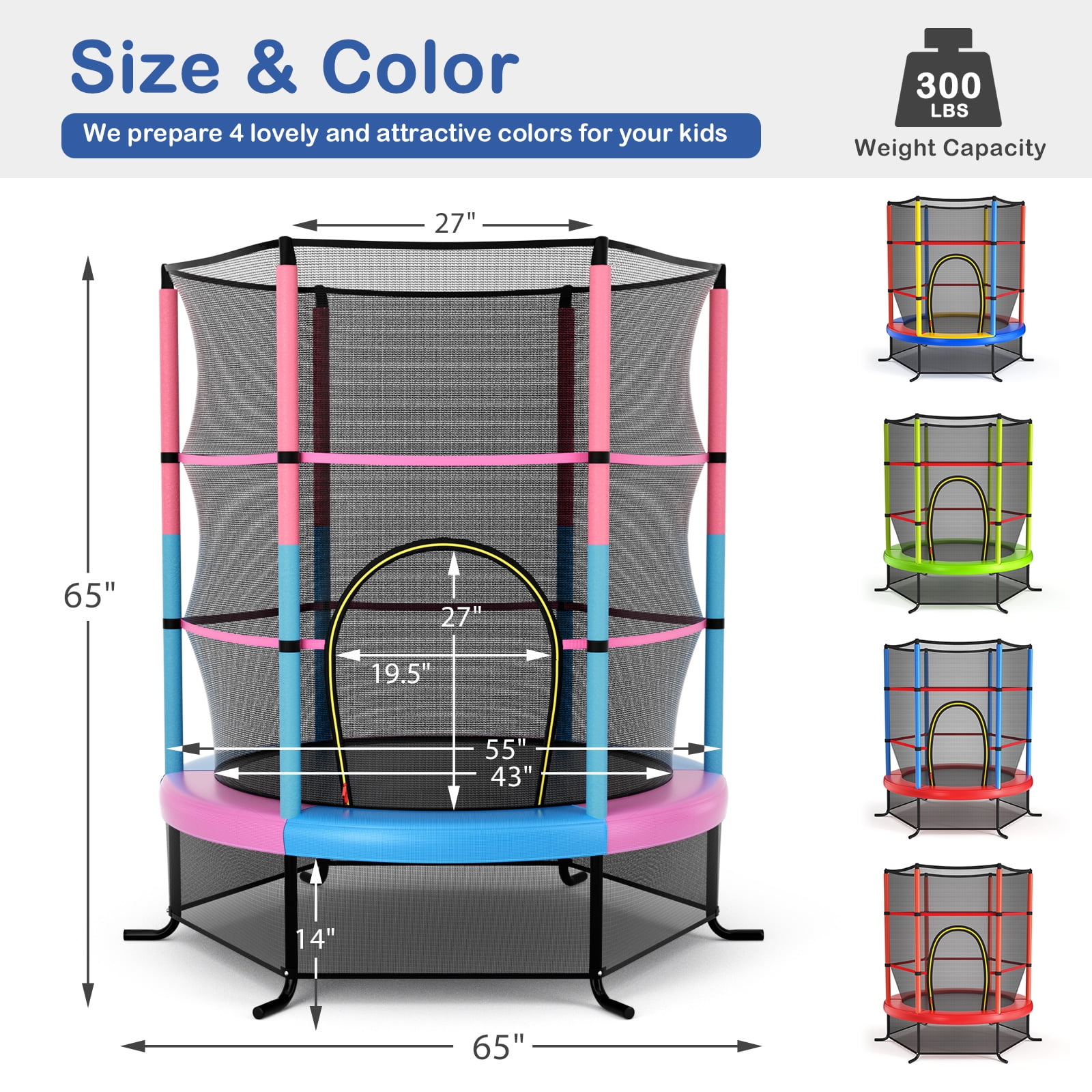 Gymax 55'' Trampoline for Kids Toddler Recreational Trampoline w/ Safety Enclosure Multicolor - Image 2