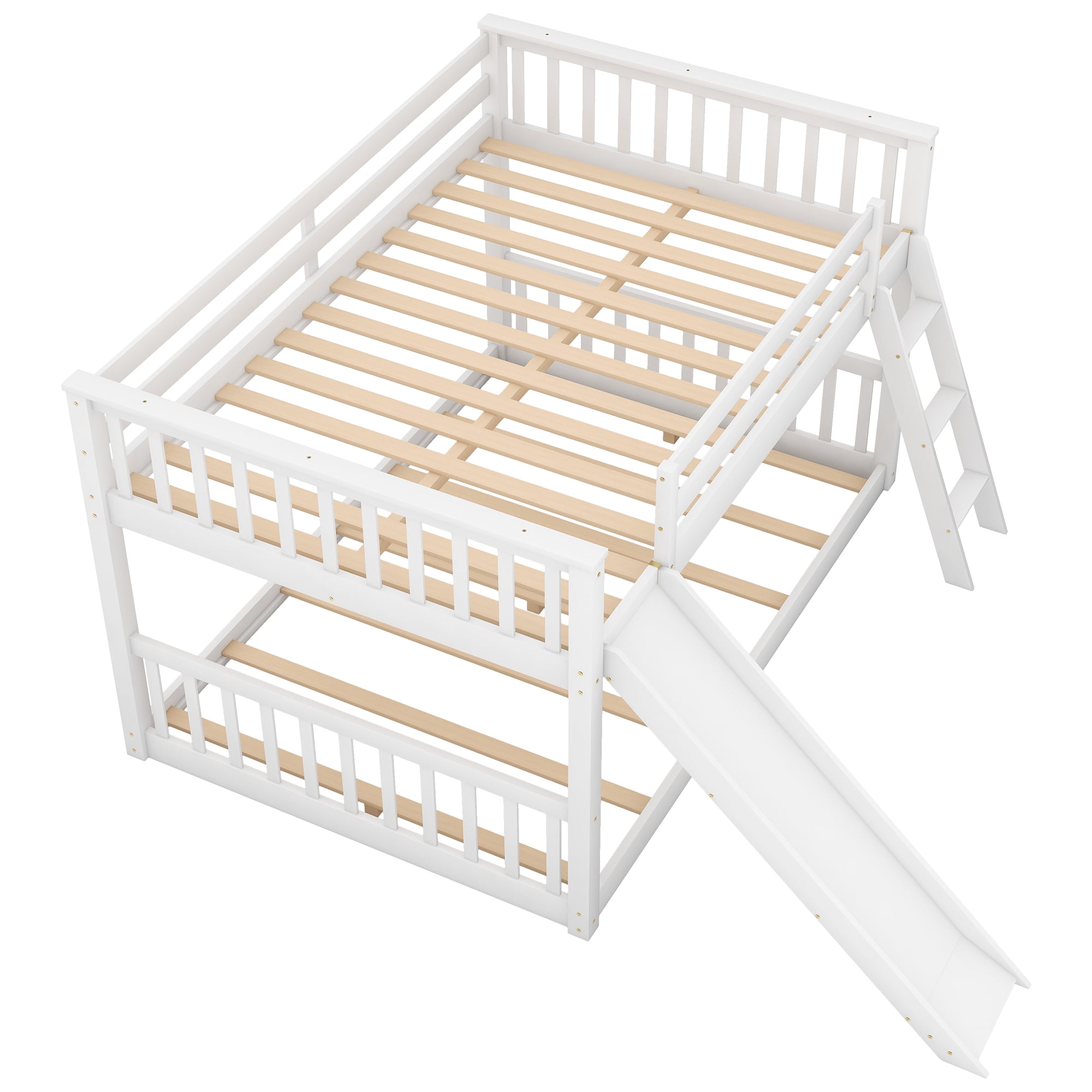 Euroco Full over Full Floor Bunk Bed with Changeable and Ladder, Solid Wood for Kids Teens Adults,White - Image 3