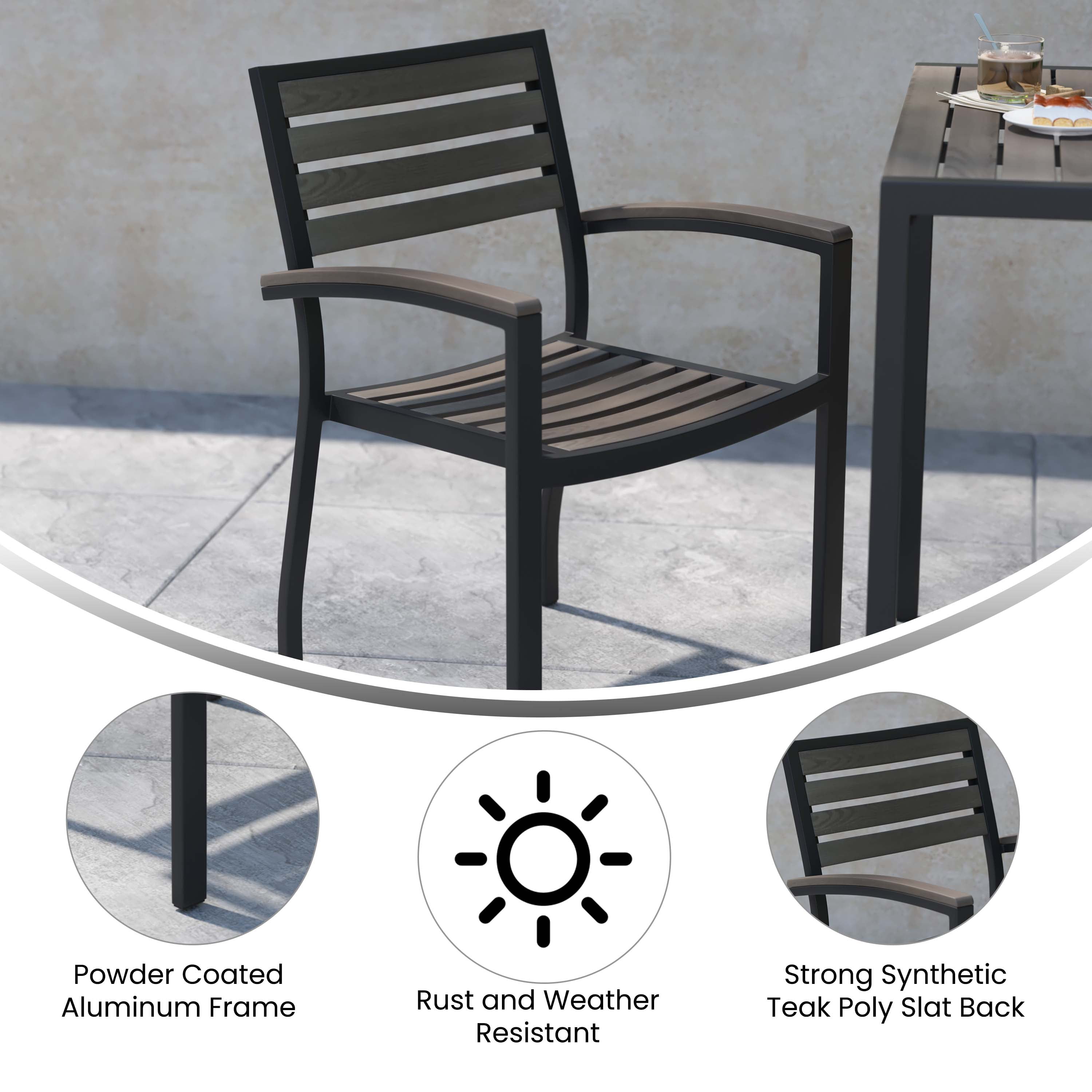 Flash Furniture Lark Set of 2 Outdoor Stackable Faux Teak Side Chairs - Commercial Grade Black Aluminum Patio Chairs with Synthetic Gray Wash Faux Teak Slats - Image 13
