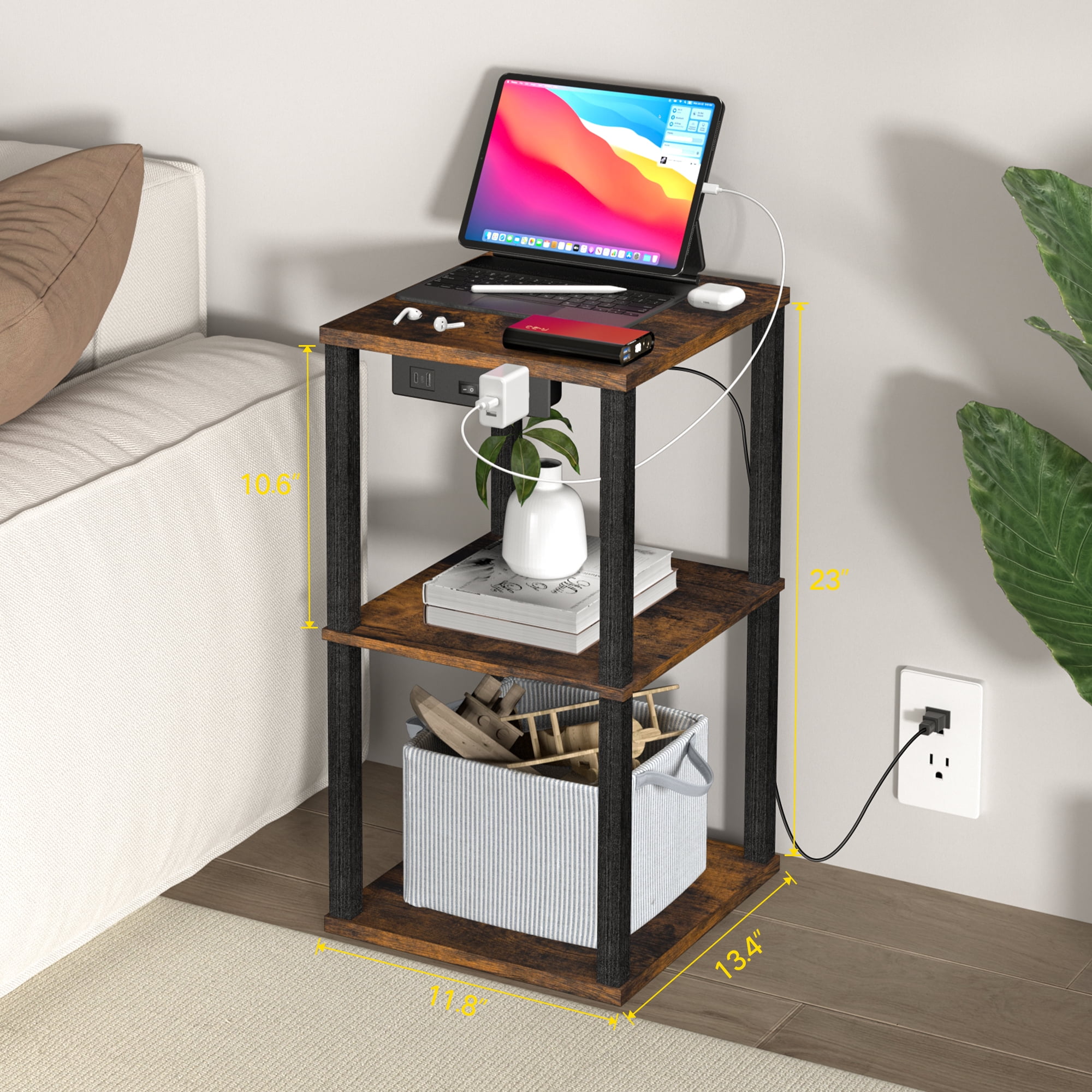 OUTONLIFE End Table with Charging Station, Small Bedside Table with 3 Storage Shelves, Narrow Side Table with USB Ports & Power Outlets, Night Stand for Living Room, Bedroom, Black - Image 8