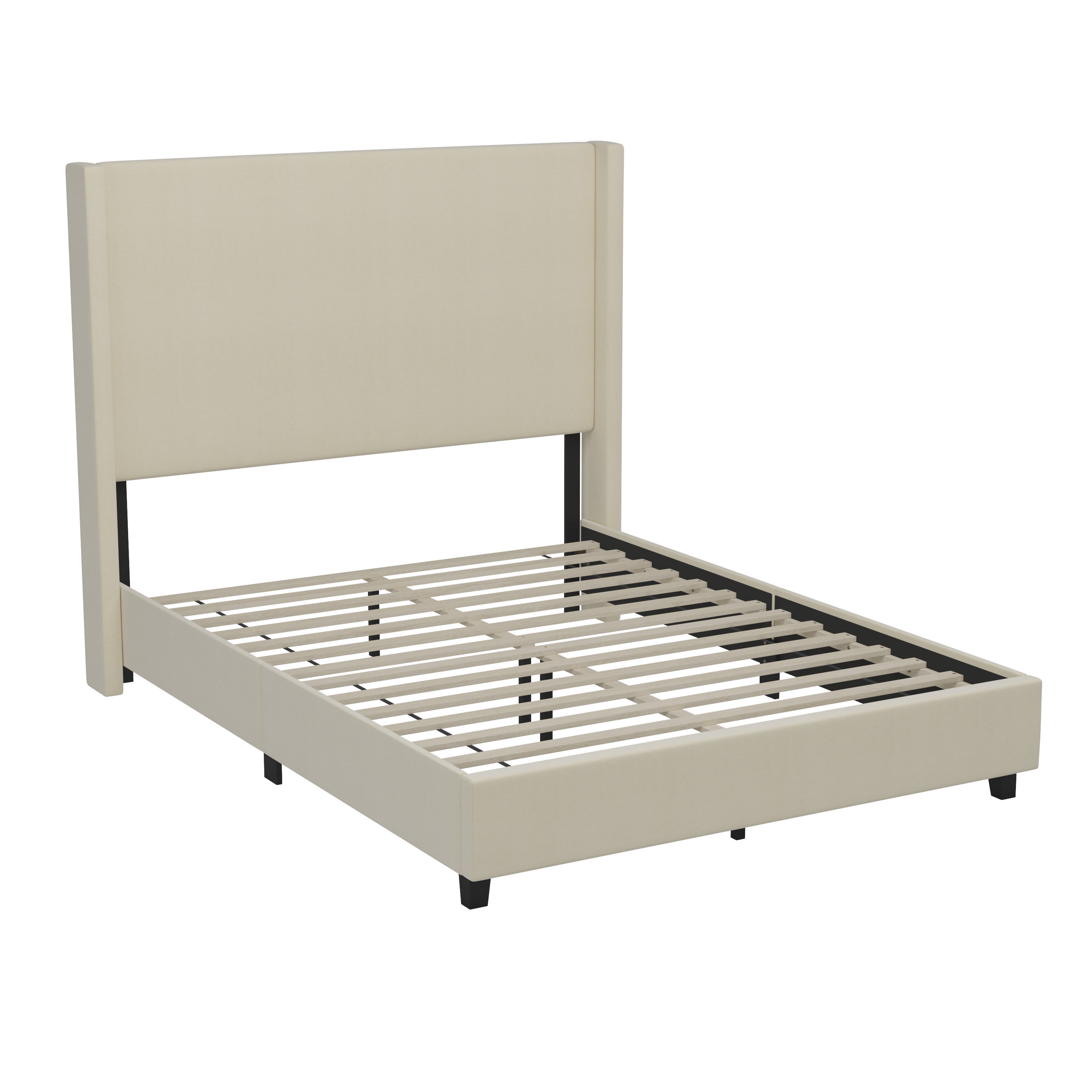Merrick Lane Modern Platform Bed with Upholstered Wingback Headboard, Queen Size, Beige - Image 2