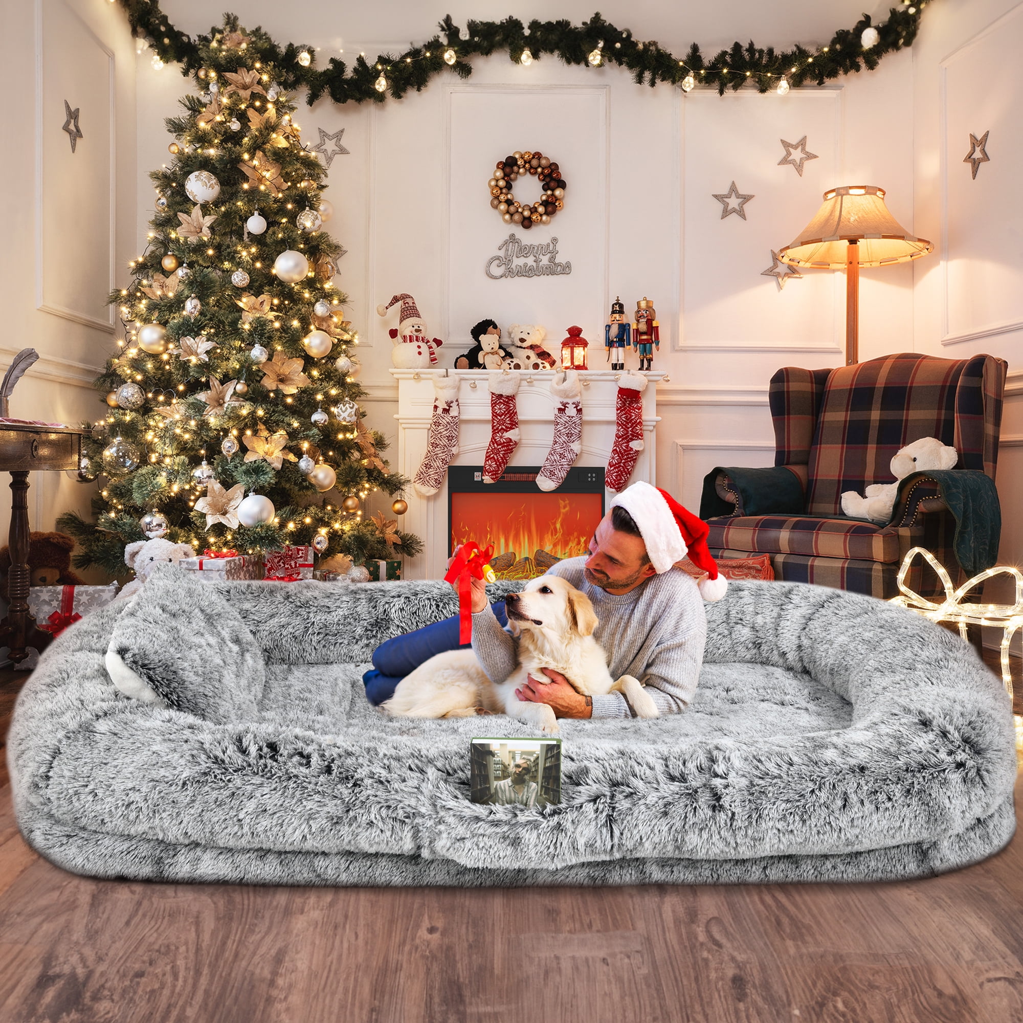 Dextrus Human Dog Bed, Oversized Memory Foam Dog Bed, 79"x43" with Blanket and Pillow, Removable Fur Cover, Grey - Image 3
