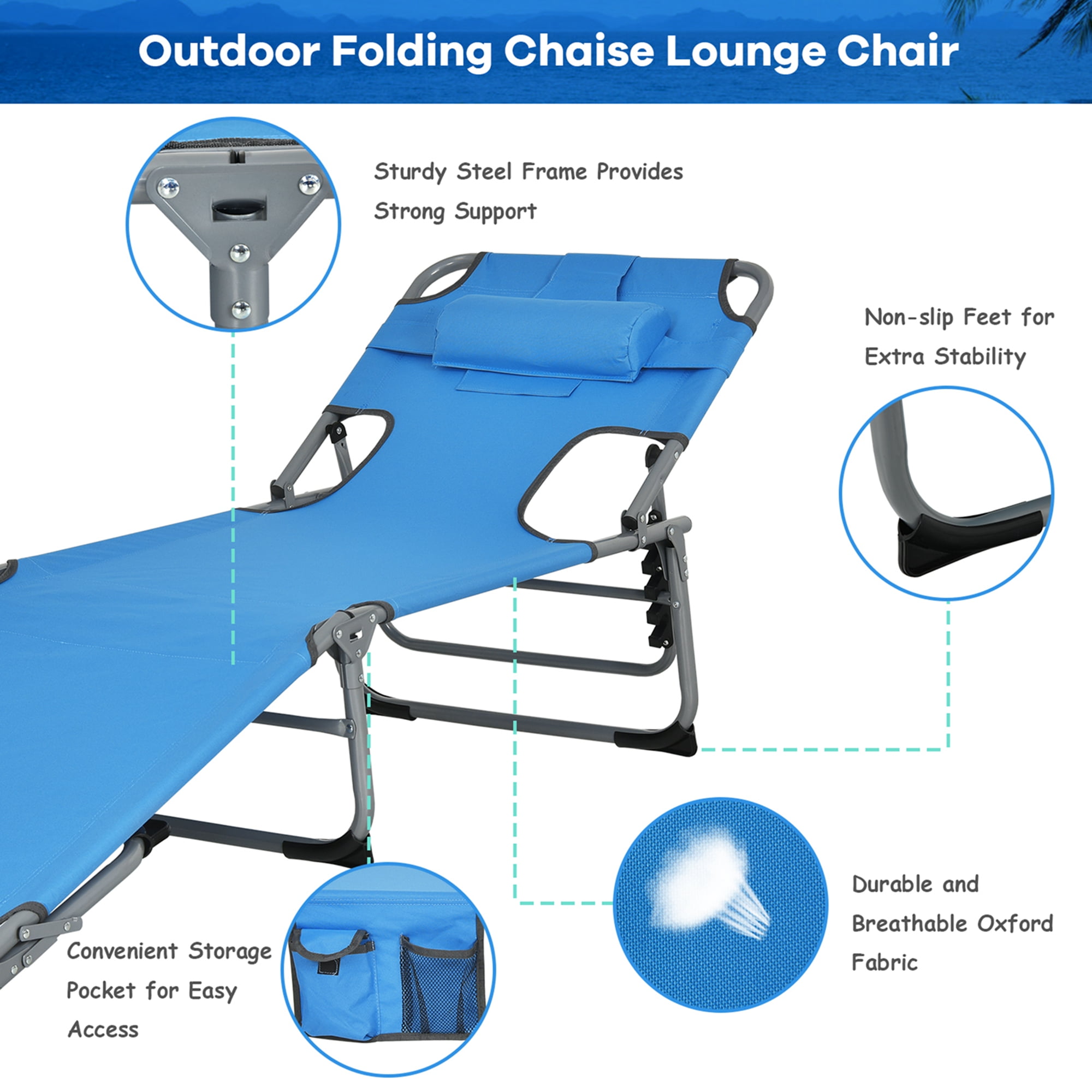 Goplus Outdoor Beach Lounge Chair Folding Chaise Lounge with Pillow Blue - Image 9