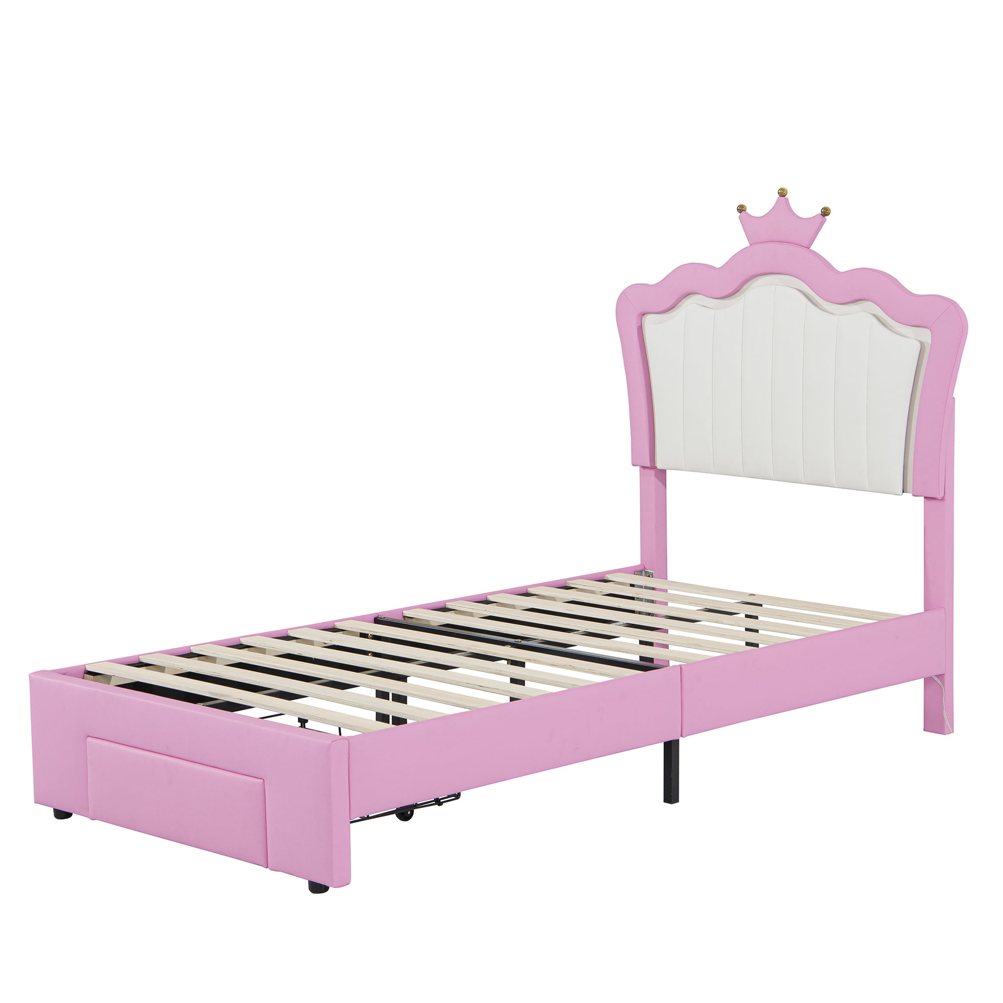 Miniyam Upholstered Twin Size Bed with LED Lights, Crown Headboard for Kids, Pink - Image 3