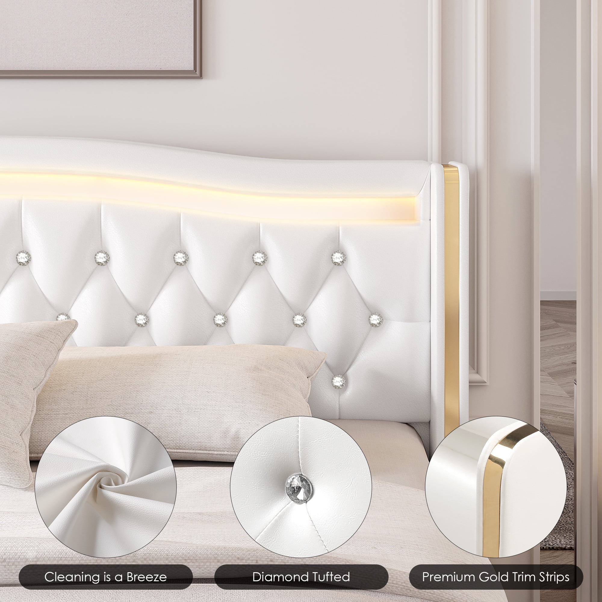 Homfa Full Size LED Bed Frame with 4 Storage Drawers, PU Leather Upholstered Platform Bed with Crystal Buttons Headboard, White - Image 6