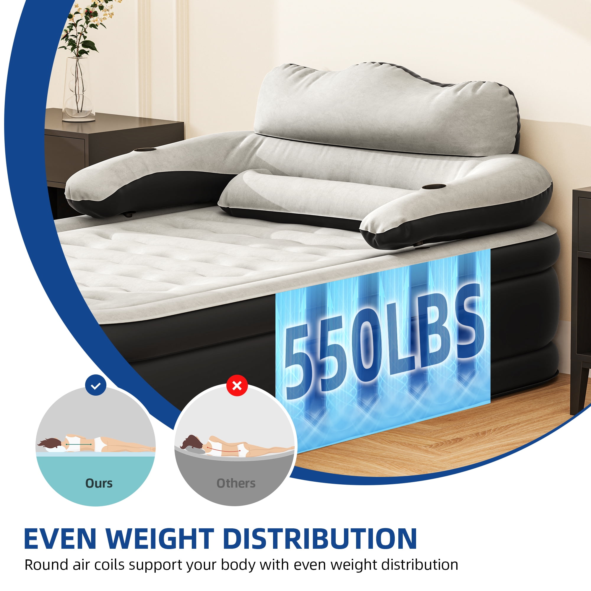 Uforic FullXL Air Bed featuring Headboard, 18in Inflatable Mattress with Pillow, Portable Electric Pump, Black - Ideal Queen Air Mattress for Camping & Home Use - Image 2