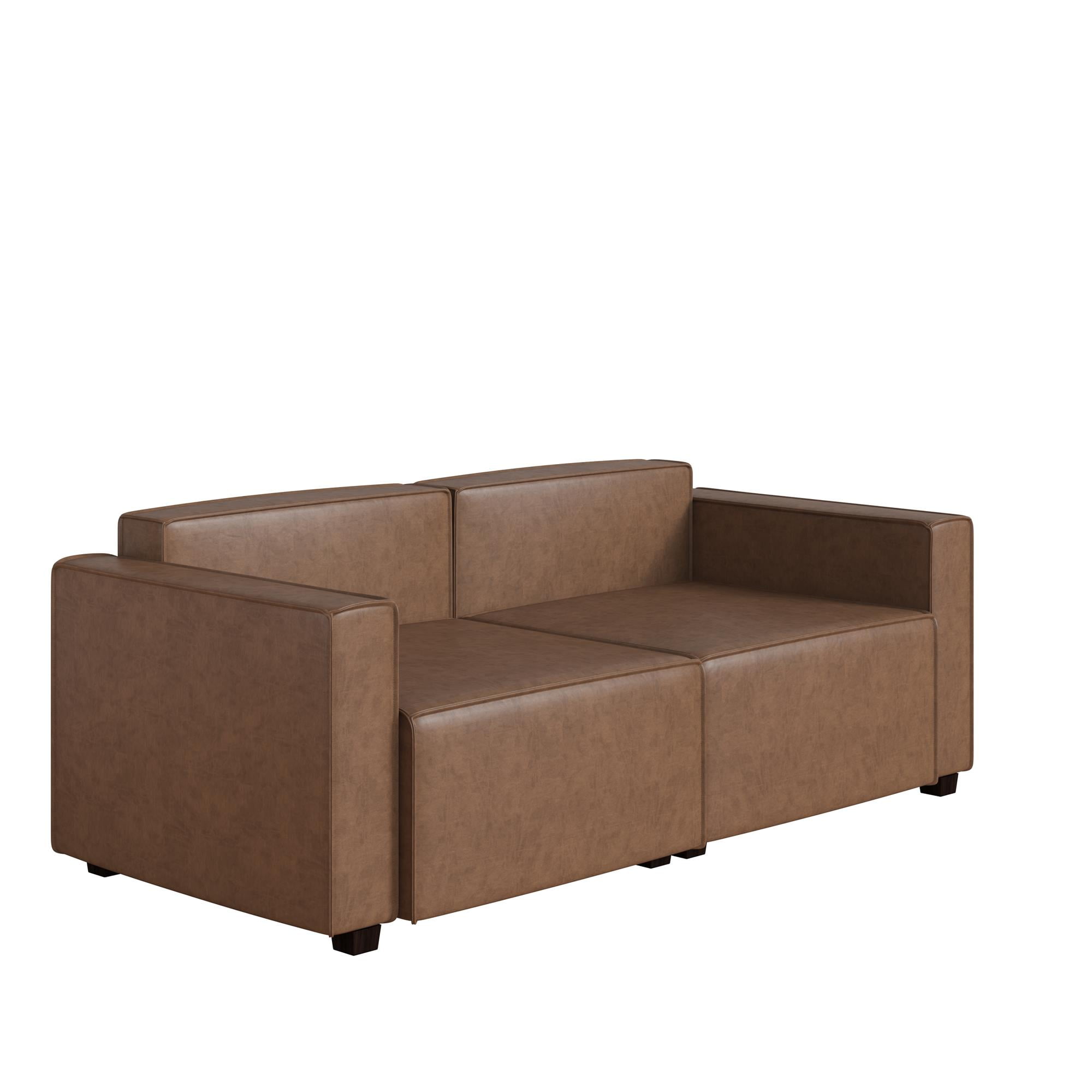 Mainstays Wynnewood 75" Low Profile Faux Leather Sofa Couch with 2 Throw Cushions, Brown - Image 18