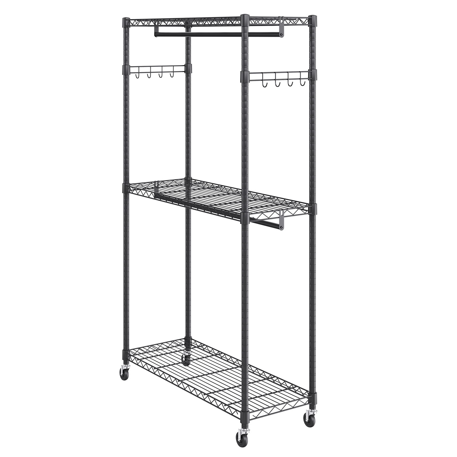 KFFKFF Clothes Rack 3 Tiers 400 lbs Rolling Free-Standing Clothing Garment Rack with 2 Rods Lockable Wheels and Side Hooks 45.7x17.7x80.3 in Black - Image 2