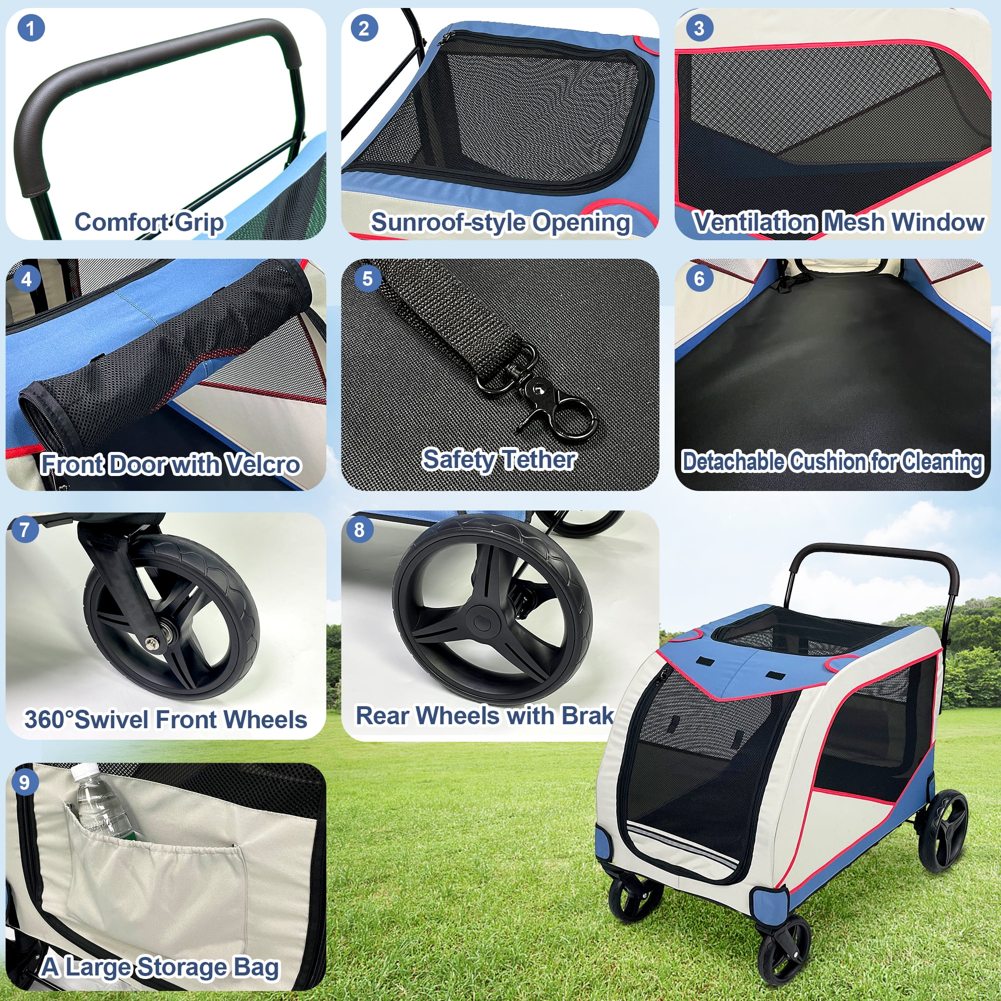Foldable Pet Stroller for Large or 2 Dogs Cats Jogger Wagon with 4 Wheels - Image 3