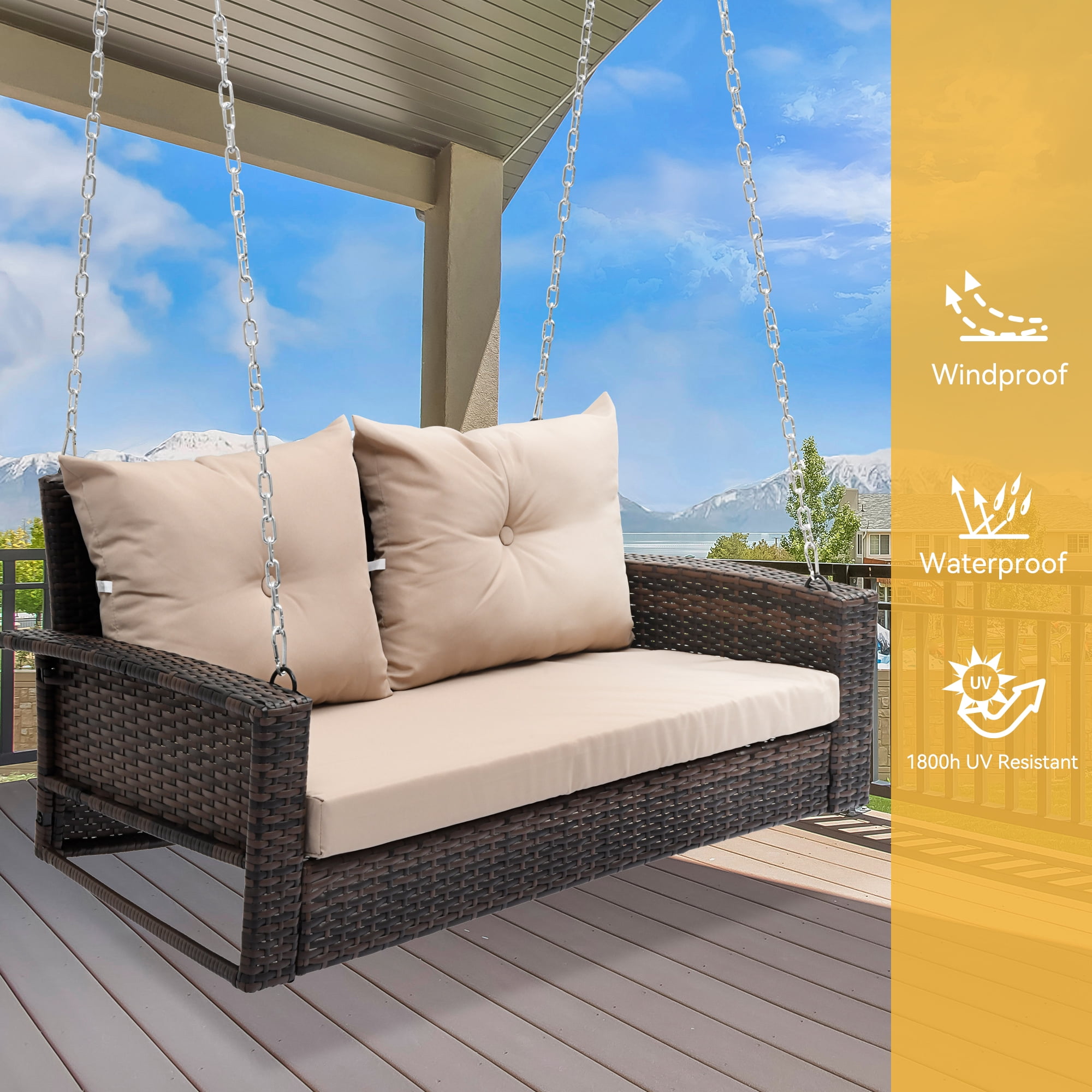 Dextrus Wicker Hanging Porch Swing Chair Outdoor Brown Rattan Patio Swing Lounge w/ 2 Back Cushions Capacity 530lbs for Garden, Balcony, Living Room, Beige - Image 3