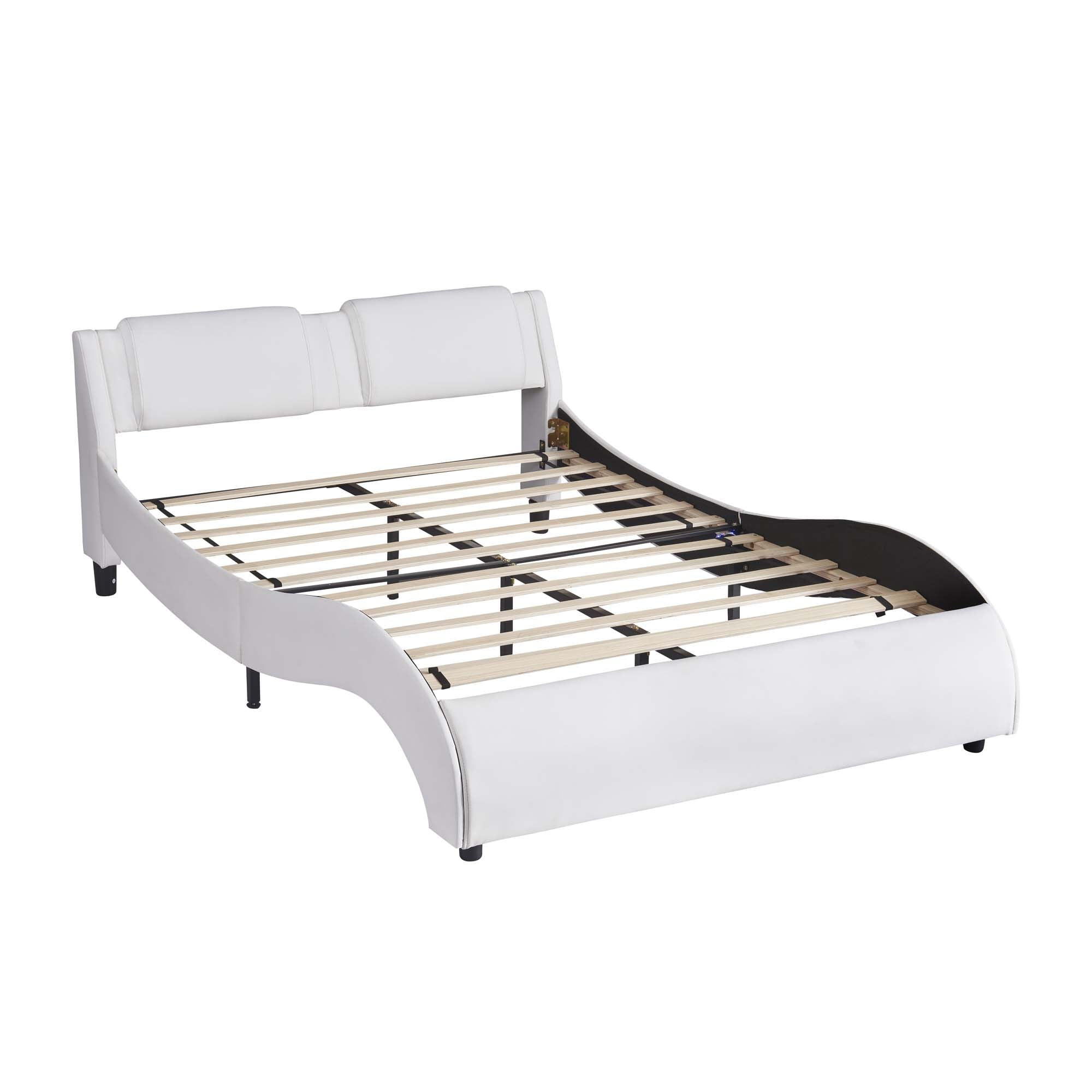 Aukfa Faux Leather Full Upholstered Platform Bed with Headboard, 16 LED Bed Frame - White - Image 3