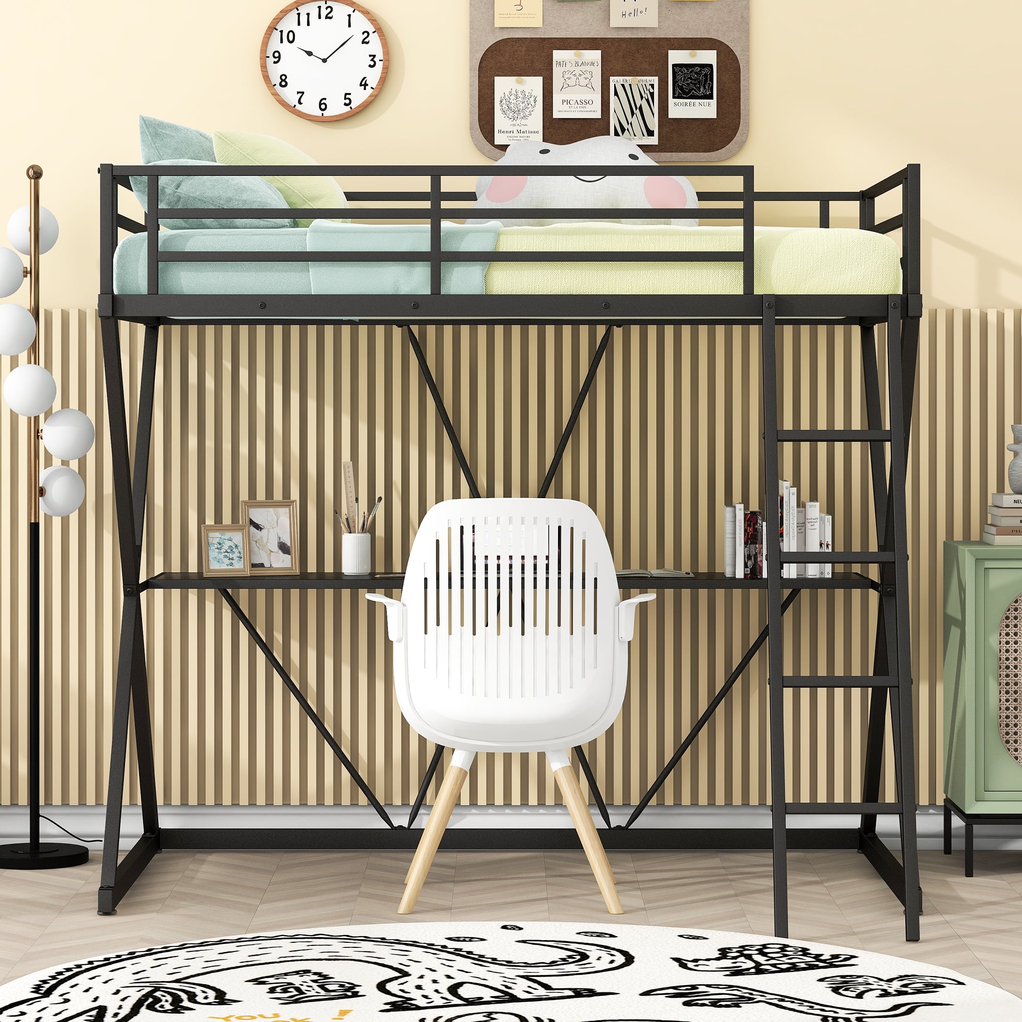 EUROCO Steel Twin Loft Bed with Desk and Ladder, X-Shaped Frame for Kids Teens, Black - Image 6