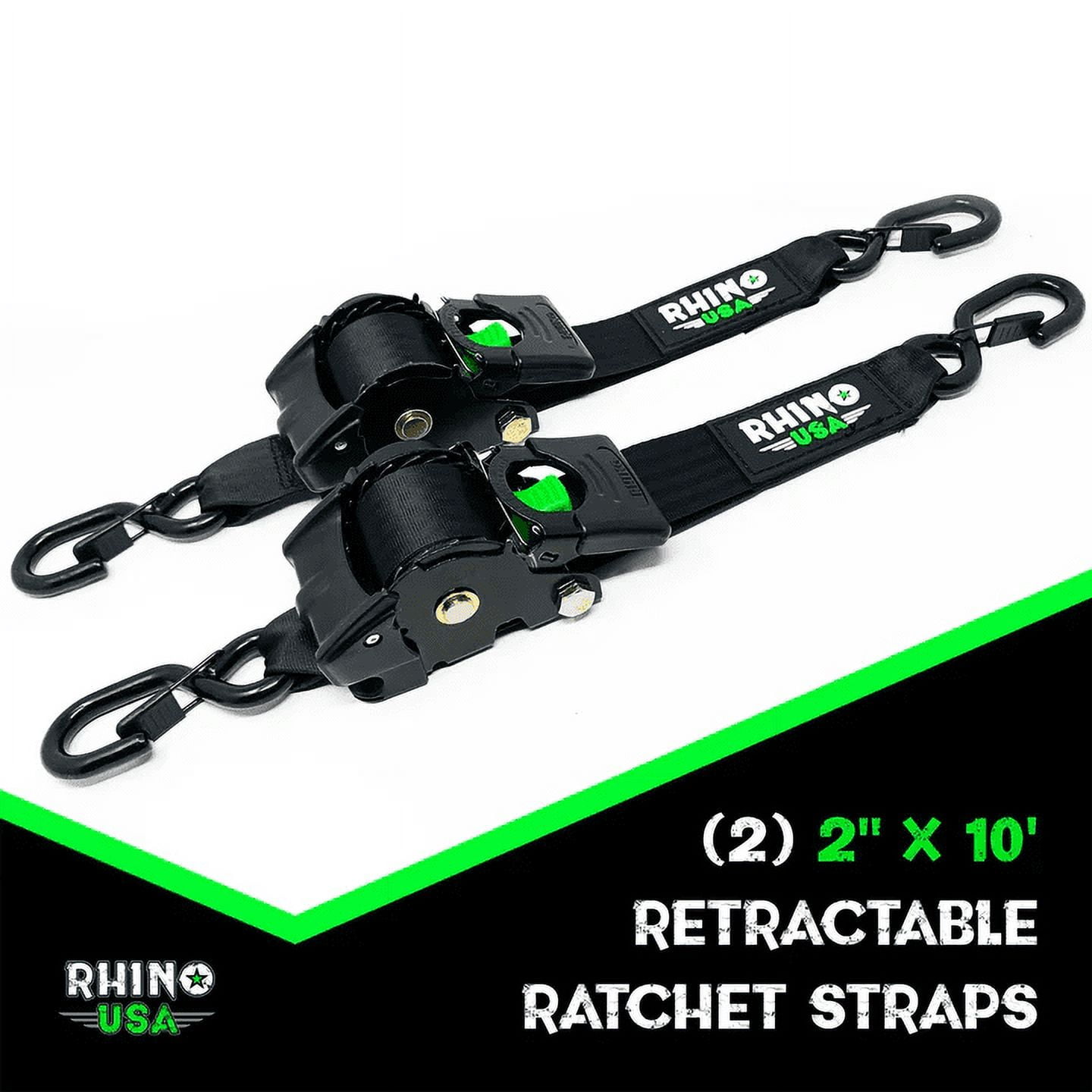 Rhino USA 2in x 10ft Retractable Ratchet Straps, 2 Pack, 1,000lbs Working Load Limit, 7.3lb Product Weight - Image 2