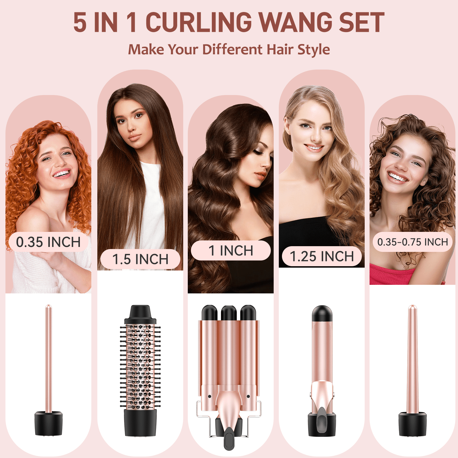 MAXT 5-in-1 Curling Iron Set, Hair Waver, Curling Irons for Hair, Curling Wand Set, Hair Crimper Hair Curler, Hair Tool Kit with Thermal Brush, Gift for Women, Pink - Image 3